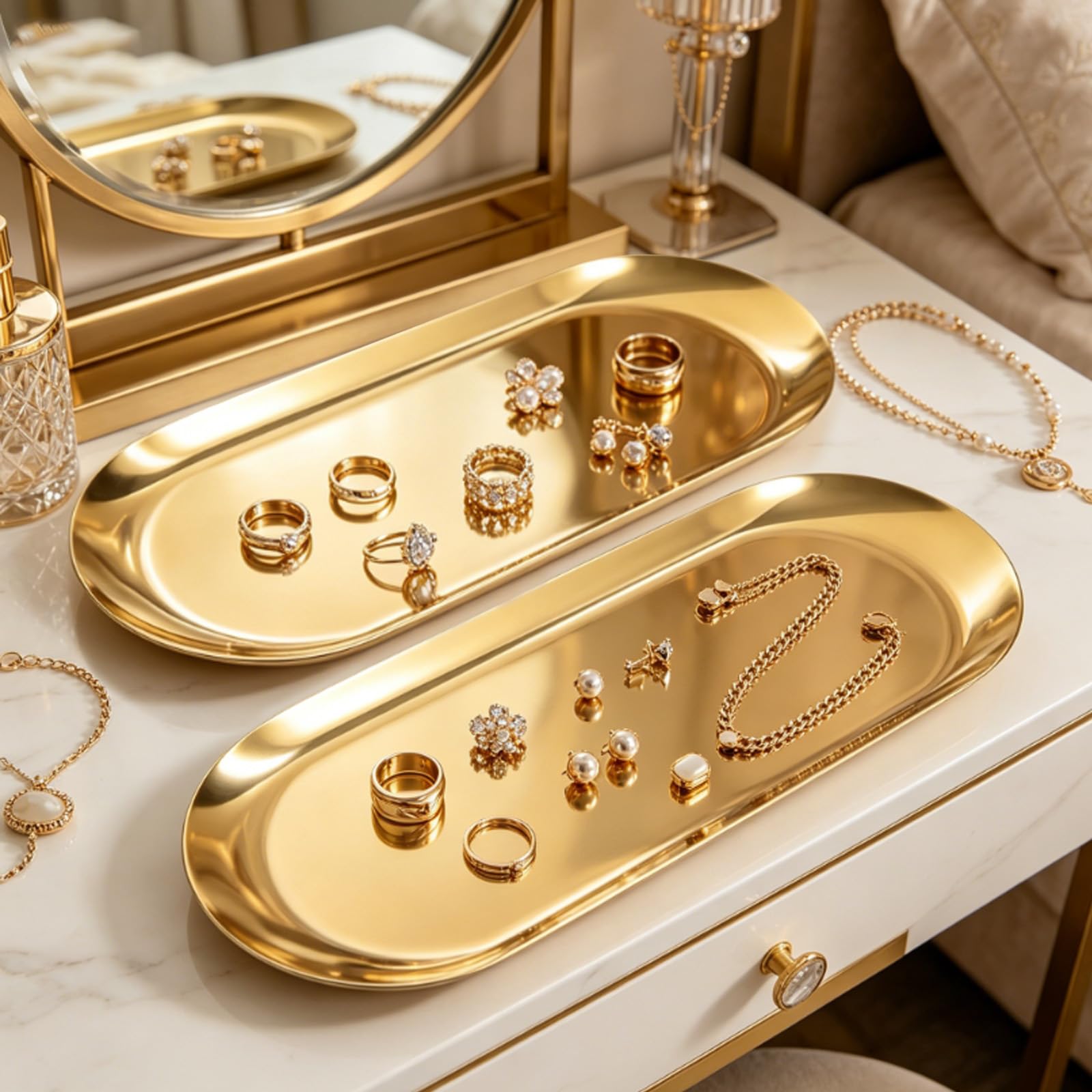 Confezione da 2 vassoi decorativi in acciaio inossidabile, vassoio ovale da 30,5 cm, per gioielli, piccoli piatti portaoggetti per cosmetici, organizer per chiavi del bagno, candele (oro)