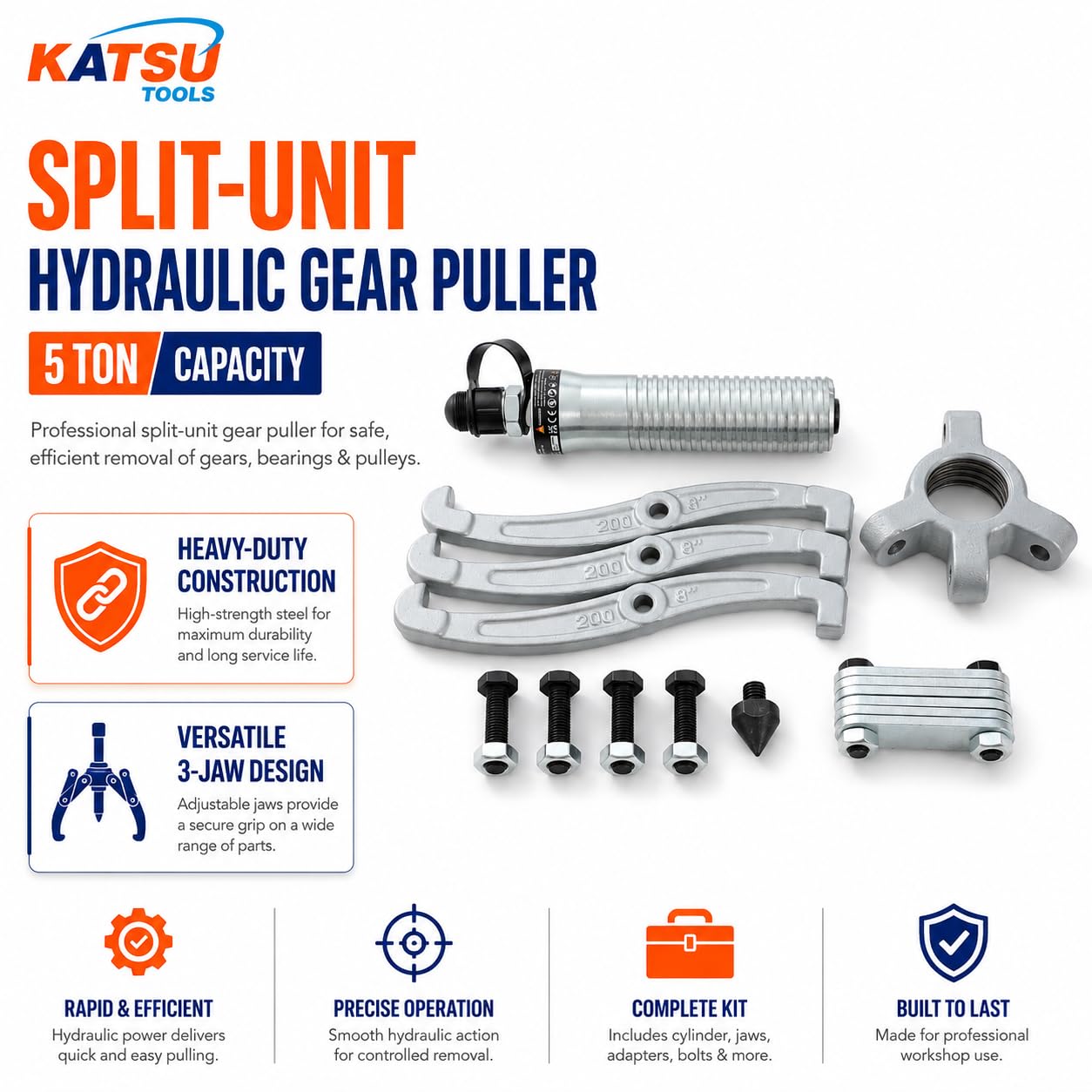 KATSU Estrattore Idraulico per Ingranaggi 5 Ton con Pompa Manuale, Split-Unit Puleggia Idraulica Manuale Estrattore Cuscinetto Mozzo Ruote Seperatore del Motore 450580
