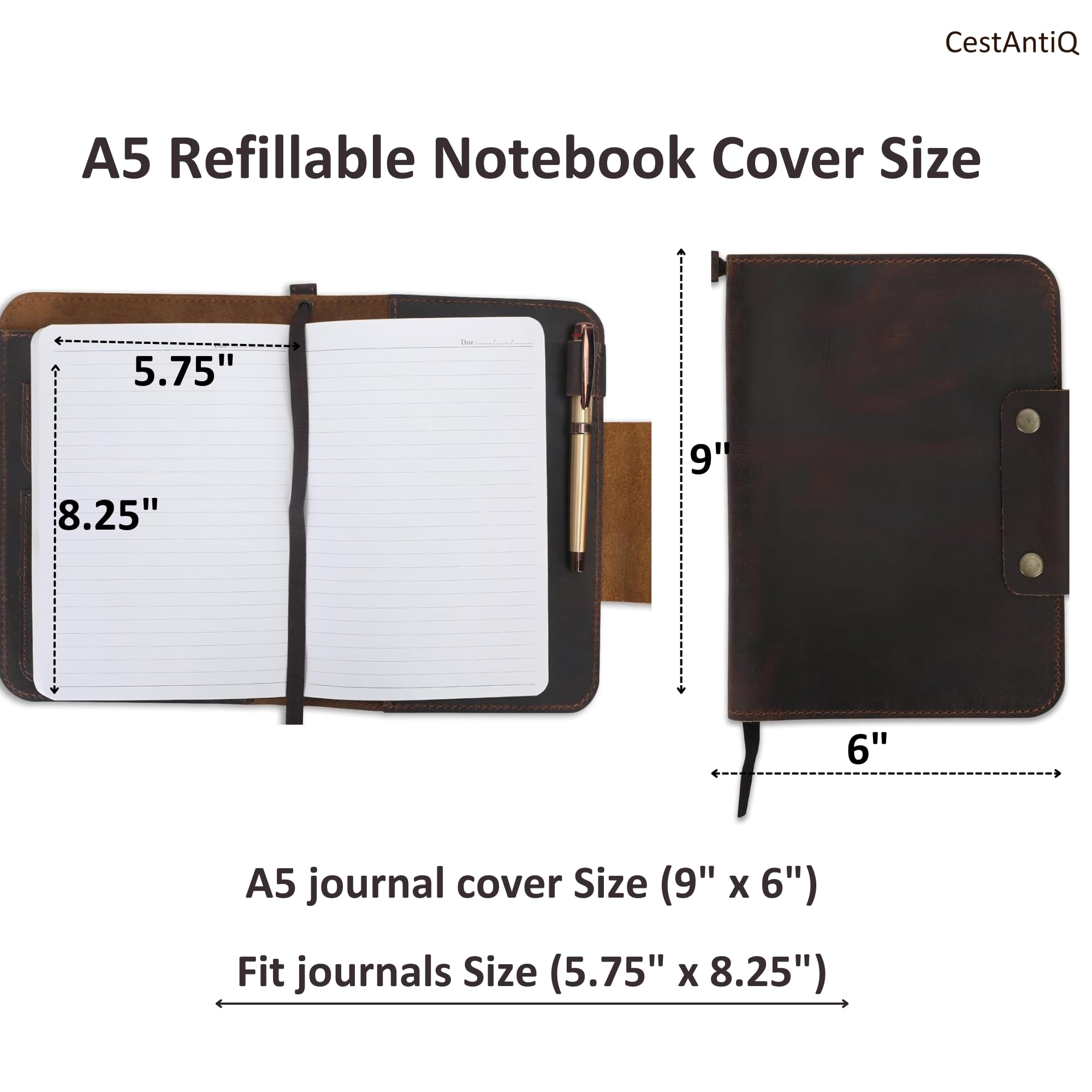 Couverture de carnet rechargeable en cuir rustique A5 faite à la main avec boucle pour stylo, 5 emplacements pour cartes, espace pour bloc-notes avec organiseur de 160 pages pour écrire des