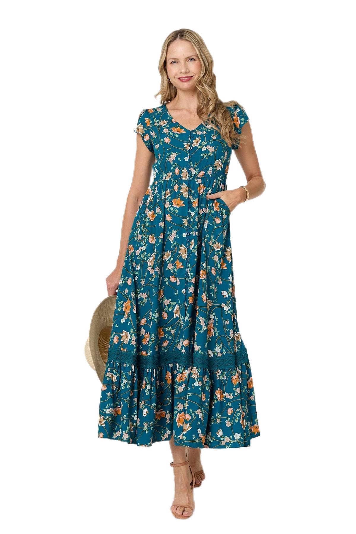 Izabel London Women's Floral Cap Sleeve Lace Trim Maxi Dress in Green | Size: 18