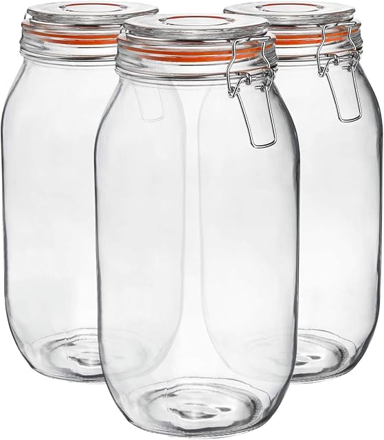 3X 2000ml (2 Litre) Clear Glass Storage Jars with Orange Airtight Silicone Seal and Metal Clip Lids - 70.3oz Large Empty Kitchen Containers - by Argon Tableware