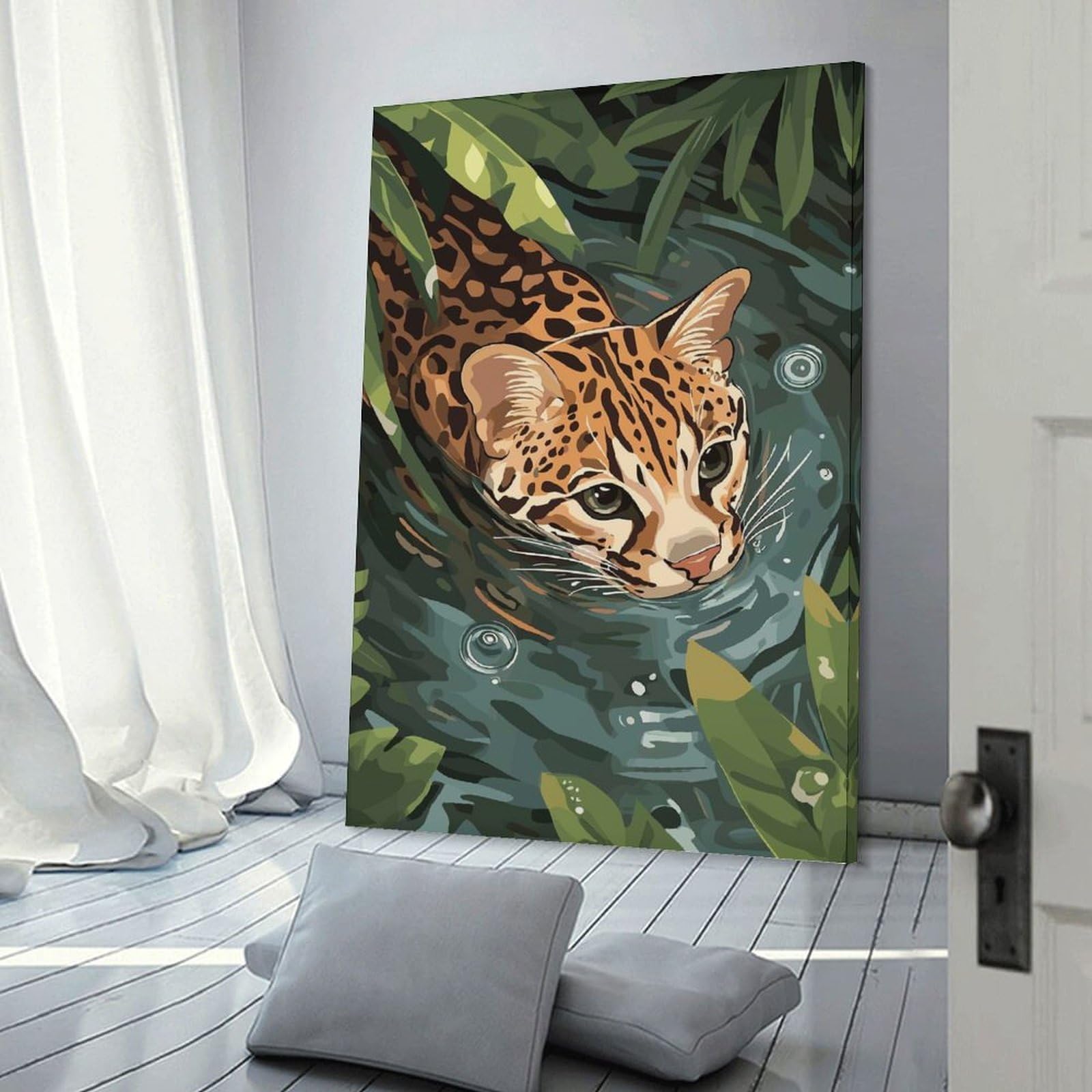Junmoney Ocelot Swimming in Water Canvas Art Print 12x18inch(30x45cm), for Front Hall, Corridor Or Welcome Spaces, Home Artwork for First Impressions