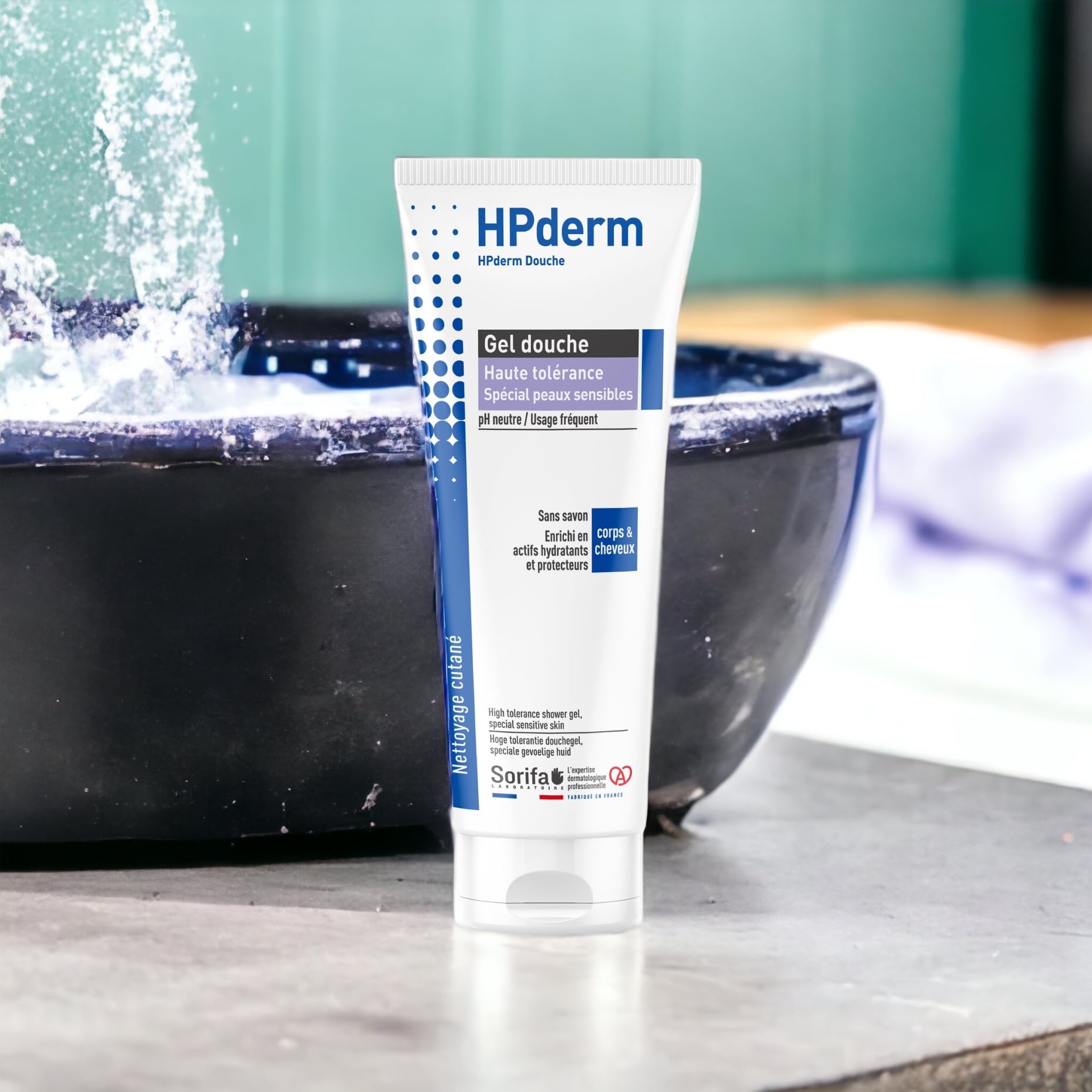 30 Stück HPderm Duschgel, hohe Farbkraft, 2-in-1, Körper und Haar, speziell für empfindliche Haut, Tattoos, geschwächtes Haar – häufiger Gebrauch – pH-neutral, ohne Seife – Tube 200 ml