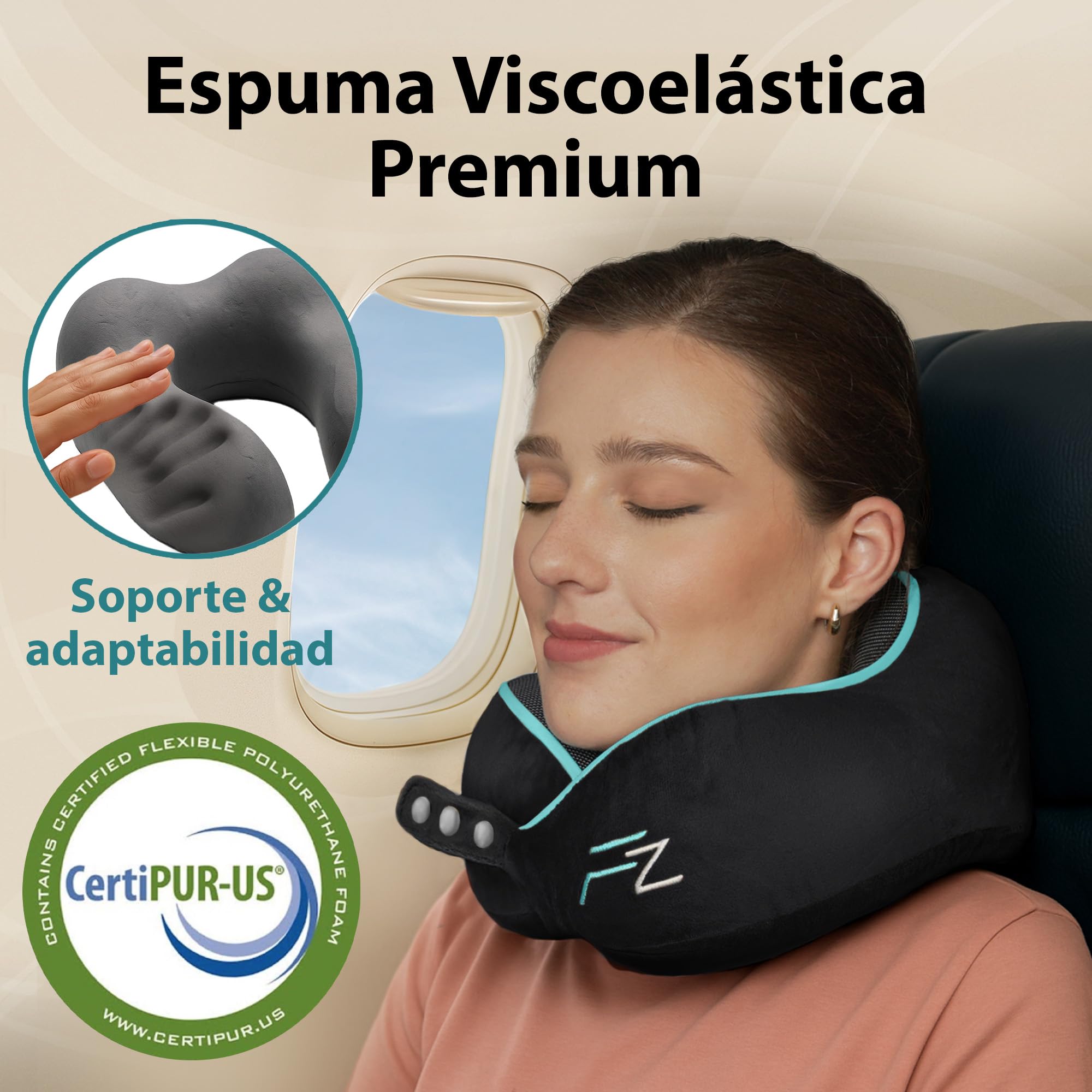 FLOWZOOM Almohada de Viaje Viscoelástica Soporte Ajustable 360° Funda Lavable Cojín de Cuello Negro
