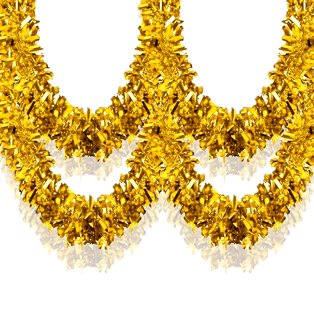 33Ft Christmas Tinsel Garland Shiny Thick Gold Tinsel Decor Xmas Tree Decorations Metallic Twist Foil Garland for Christmas Birthday Holiday New Year Parties Indoor Outdoor Party Supplies - Gold