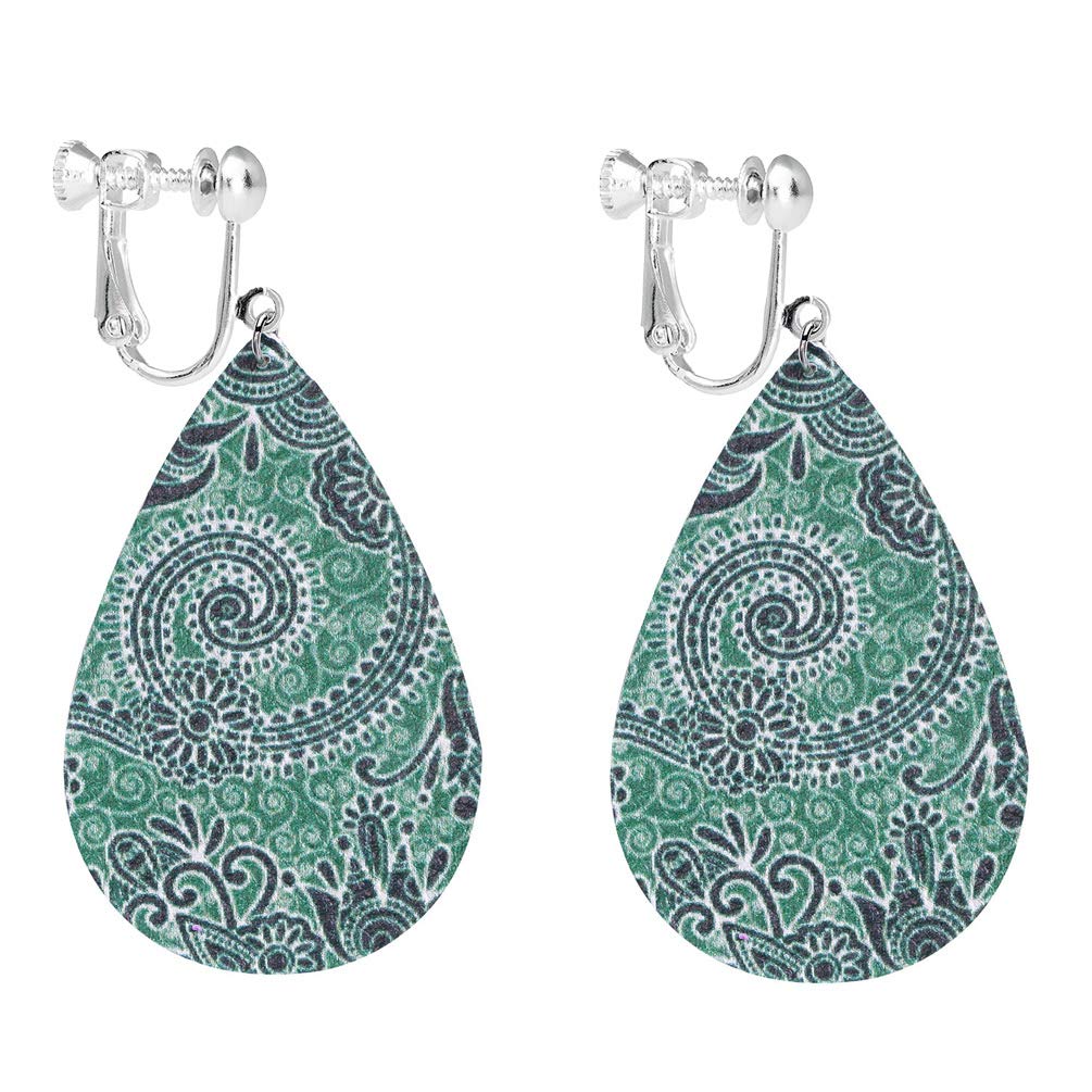 Vintage Dangle Leather Clip on Earrings Faux PU Lightweight Floral Teardrop Bohemian Drop for Women