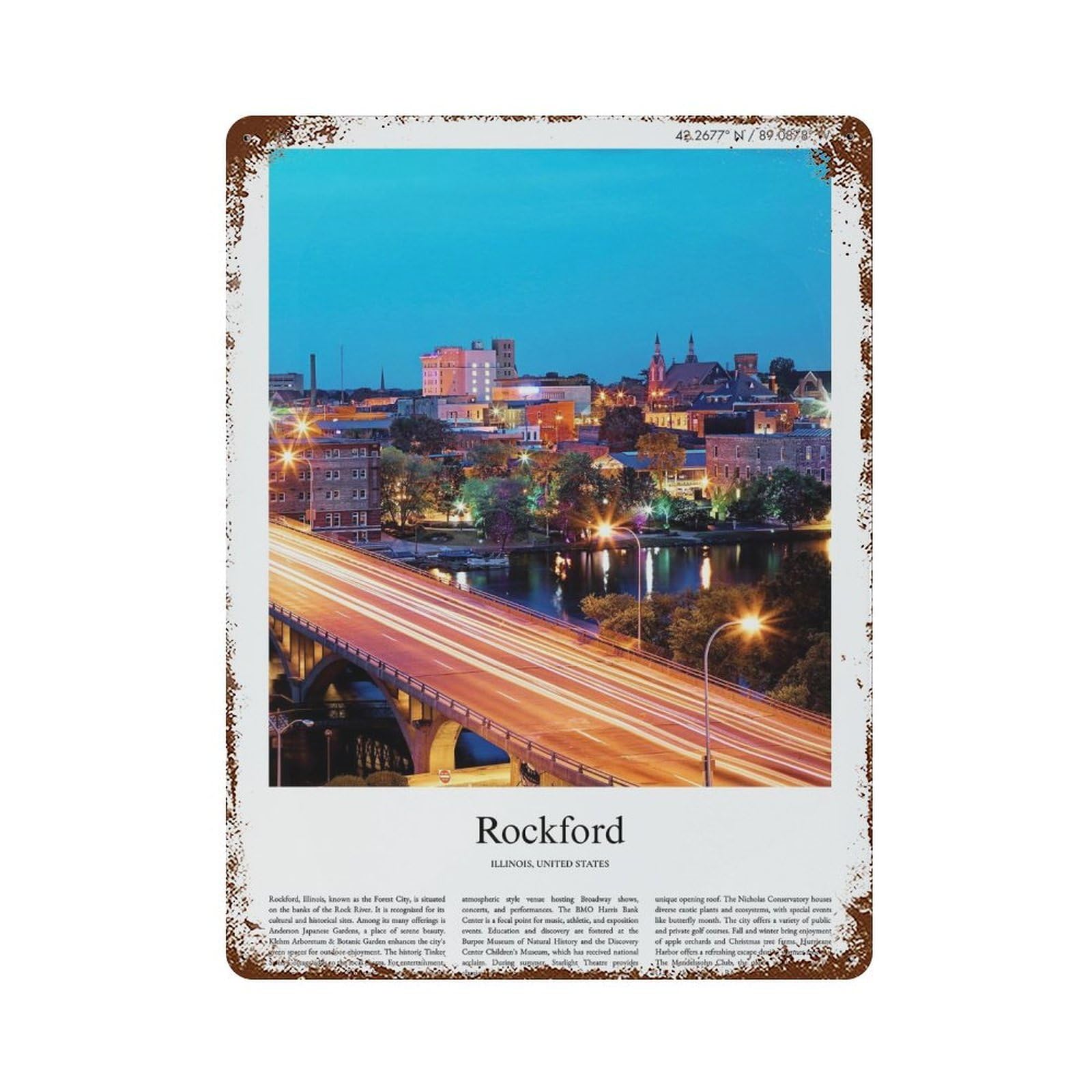 xiaoxiaoshen Rockford Illinois, United States, USA City Scenery Wall Decor Art Metal Tin Poster Modern Home Decor Art Home Bar Shop Decorations Vintage Sign 40x30cm