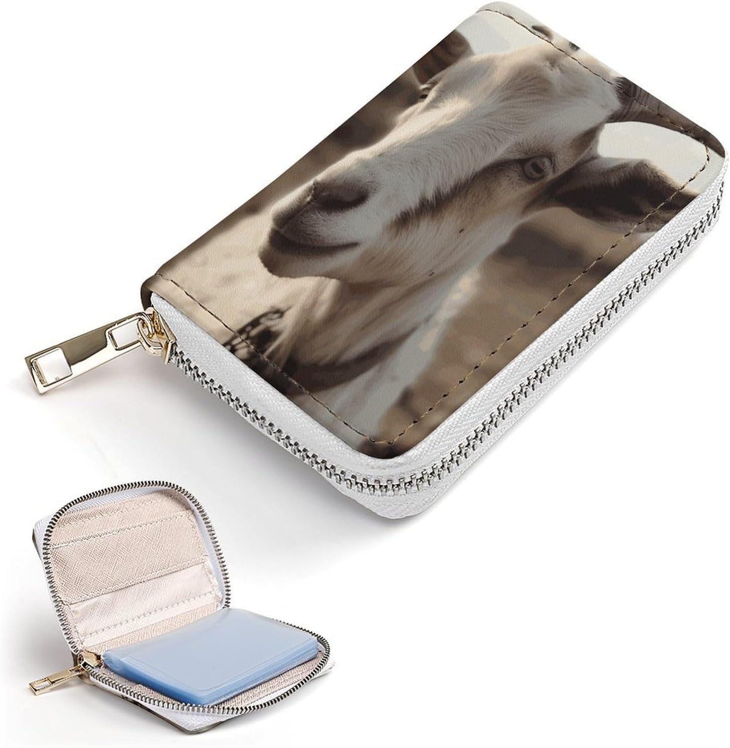 Leather Card Organizer Case Card Wallet Credit Card Holder Goat on Hillside Printed Zipper Card Cases Holder for Women Men