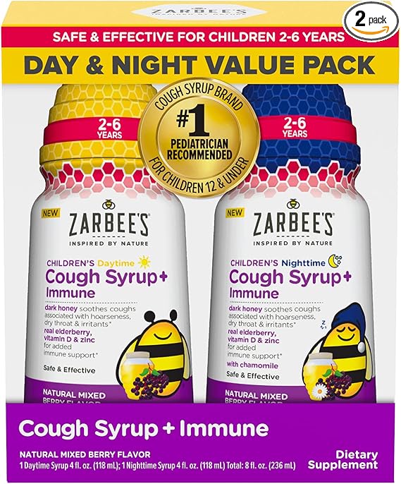 Zarbee's Kids Cough + Immune Day/Night Value Pack for Children 2-6 with Dark Honey, Vitamin D & Zinc, 1 Pediatrician Recommended, Drug & Alcohol-Free, Mixed Berry Flavor, 2x4FL Oz