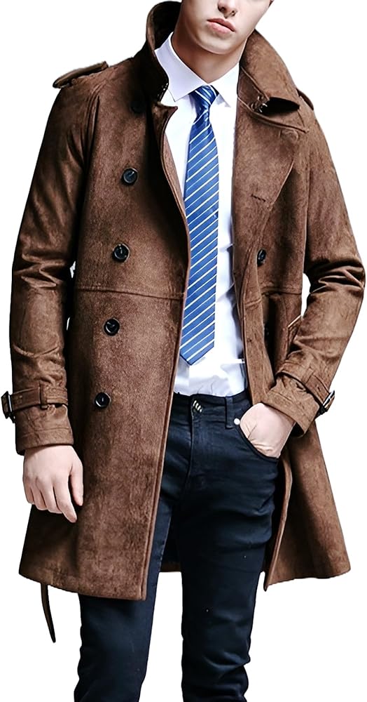 ジャケット・アウター LEATHER COMBINATION DOUBLE LAPELED COAT ZWRXW Leather Trench Coats for Men Double Breasted Notched Lapel