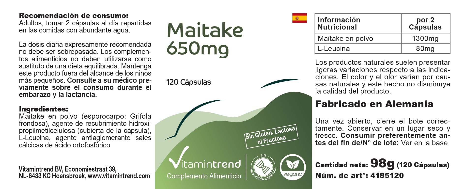 Vitamintrend Polvere di Maitake 650 mg, 120 capsule, ad alto dosaggio, adattogeno, integratore alimentare vegano senza stearato di magnesio, prodotto in Germania