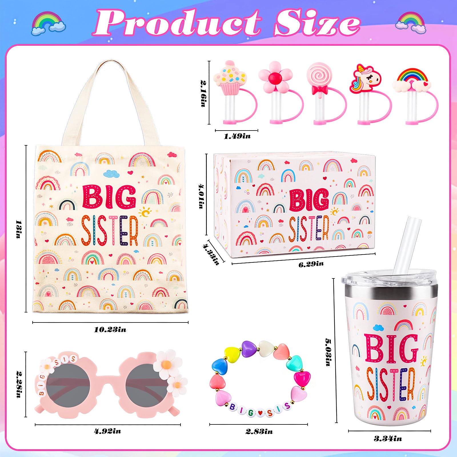 12PCS Big Sister Gifts Set for Girls,12oz Stainless Steel Tumbler With Leakproof Lid and Straw,Cute Silicone Toppers，Sunglasses Bracelet,Canvas Tote Bag for Little Girls Gift Box Set