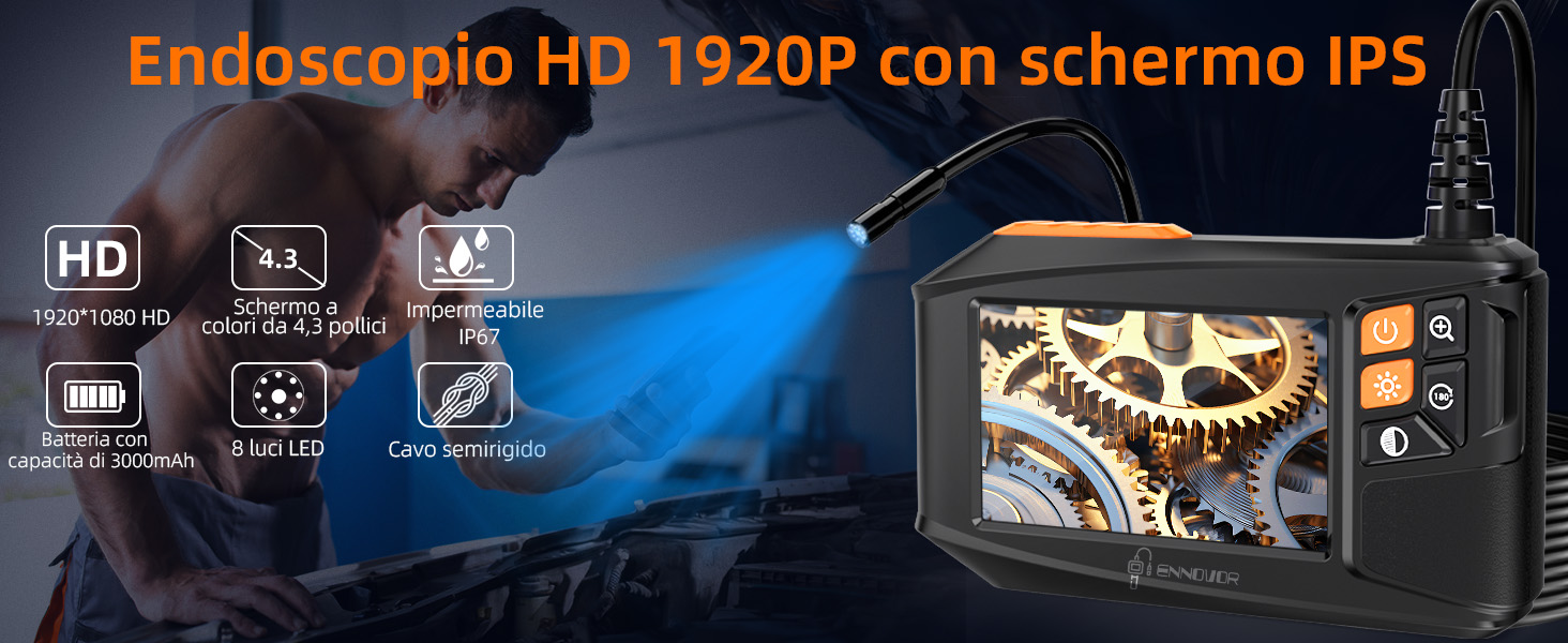 Telecamera di ispezione per boroscopi, endoscopio industriale con schermo LCD a colori 1080P HD da 4,3 pollici, periscopio portatile semirigido a serpente, con 6 luci a LED regolabili, IP67 impermeabi