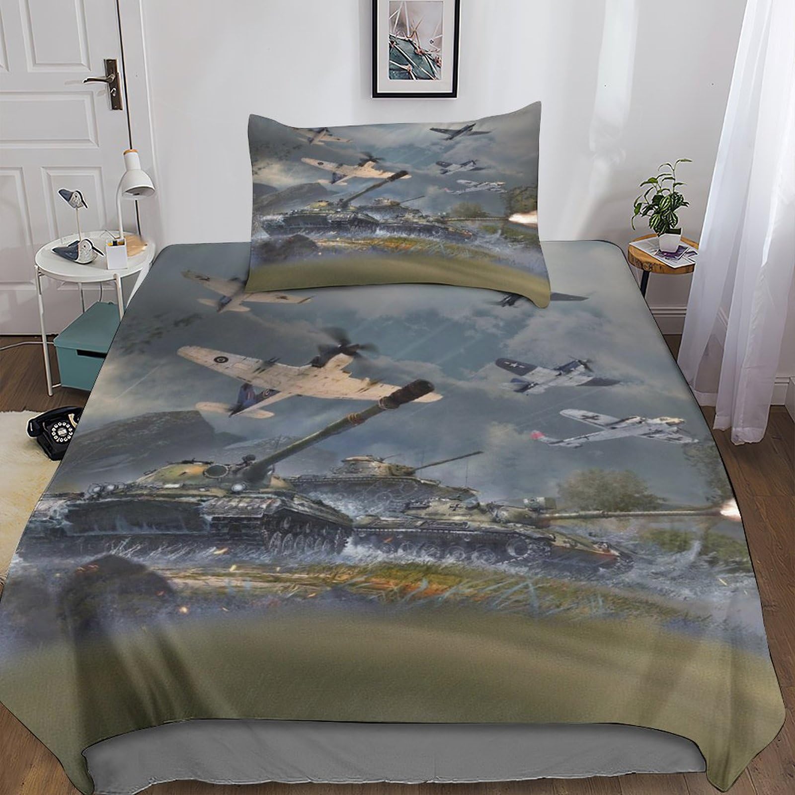 DAFUfbw WW II Airplane Duvet Cover Single（135x200cm）, Finesse Bed Set with Pillowcase Microfiber 3D Printed WW2 Tanks Quilt Cover with Zipper Closure for Childs & Adults
