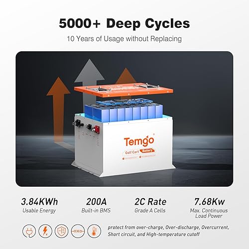 Miniatura 3 de 48V Lithium Golf Cart Battery Metal Case, TEMGO 51.2 Volt 100Ah LiFePO4 Battery, Built-in Bluetooth 200A BMS, Includes 56.8V 18A Charger, APP