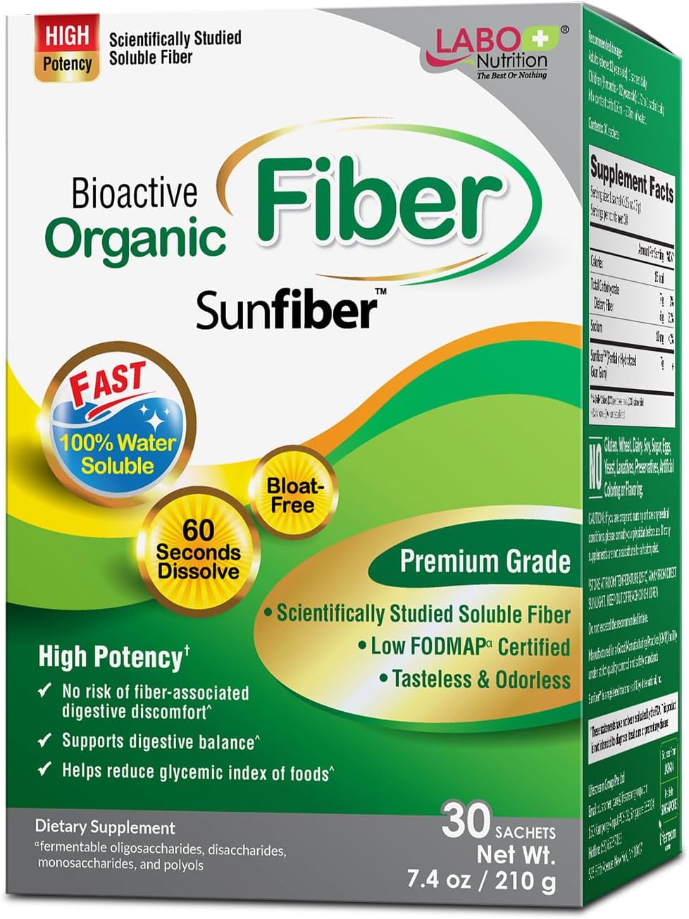 LABO Nutrition Bioactive Organic Fiber – Sunfiber PHGG Soluble Prebiotic Fiber for Digestive Regularity & Gut Health – Partially Hydrolyzed Guar Gum, Low FODMAP, Unflavored, Vegan, Non-GMO, 30 Sachets