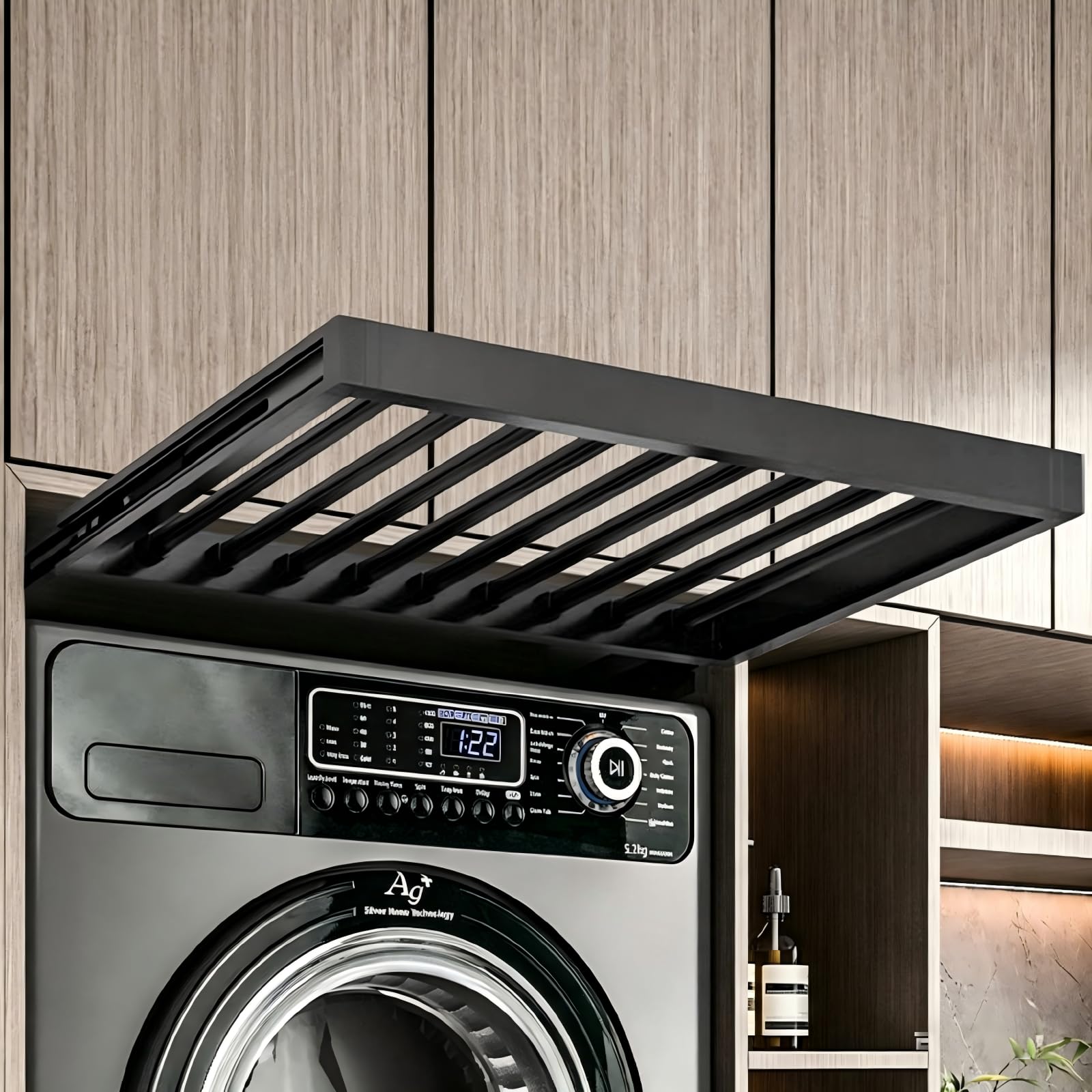 Hoconnie Hidden Pull Out Drying Rack Extendable Hidden Pull Out Trousers Rack Space Saving above Washing Machine Wardrobe Soft-Close Top-fix Depth 540mm Width 610-660mm Grey