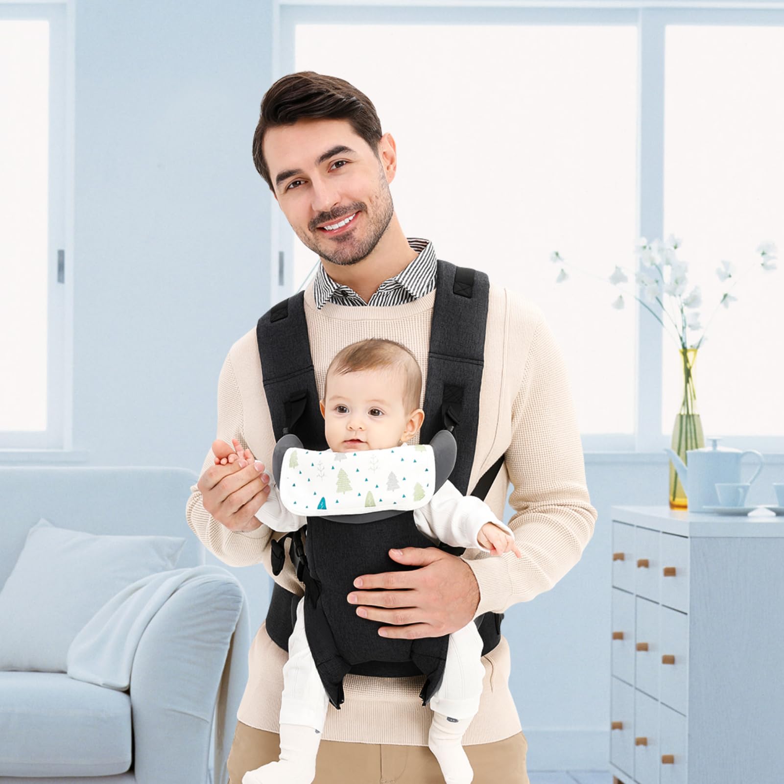 IULONEE Marsupio per Neonati Ergonomico Porta Bebè Portaneonati con Bavaglini Staccabili Baby Carrier Carry Porta bambini 3-36 Mese (3-15kg) (Nero)