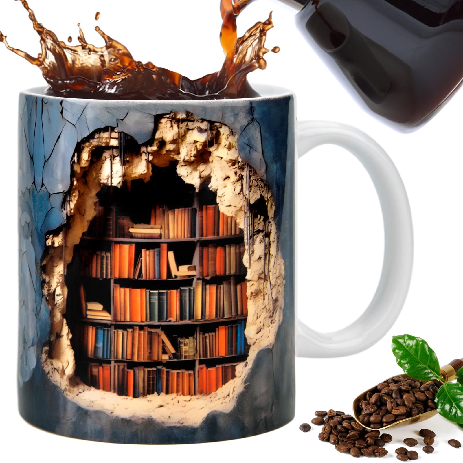 Taza de estantería 3D | Taza de Estantería de Biblioteca 3D, Taza Multiusos con Diseño de Espacio Creativo - Divertida Taza de Café de Cerámica con Libro 3D un Regalo para Lectores (A)