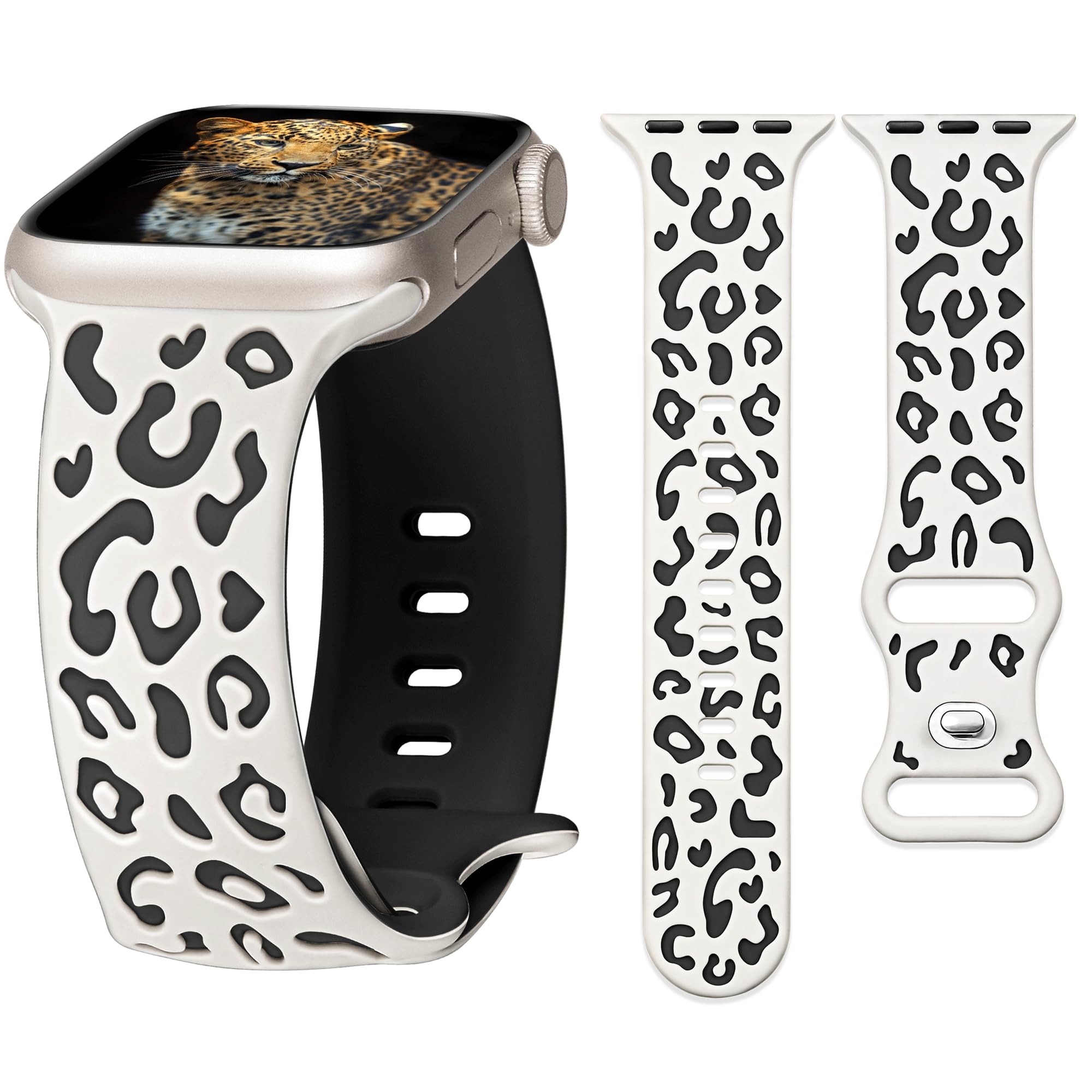 G-ficu Leopard Engraved Bands for Apple Watch Bands 46mm 45mm 44mm 49 42mm(S3) for Women iWatch Bands, Cute Dressy Silicone Strap for Apple Watch Series 10 9 8 SE 7 6 5 4 3 Ultra Band-Starlight