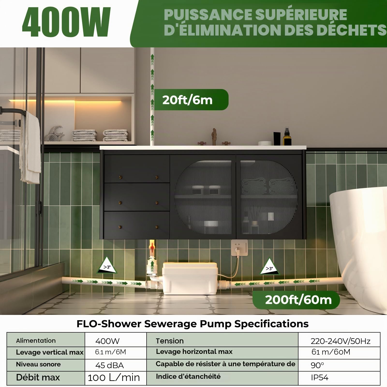 Pompe de douche silencieuse 400 W, pompe d'égout macérateur sous évier, 6 m, levage de tête avec 3 entrées pour sous-sol, cuisine, lavabo, baignoire, linge, pompe de levage automatique des eaux usées