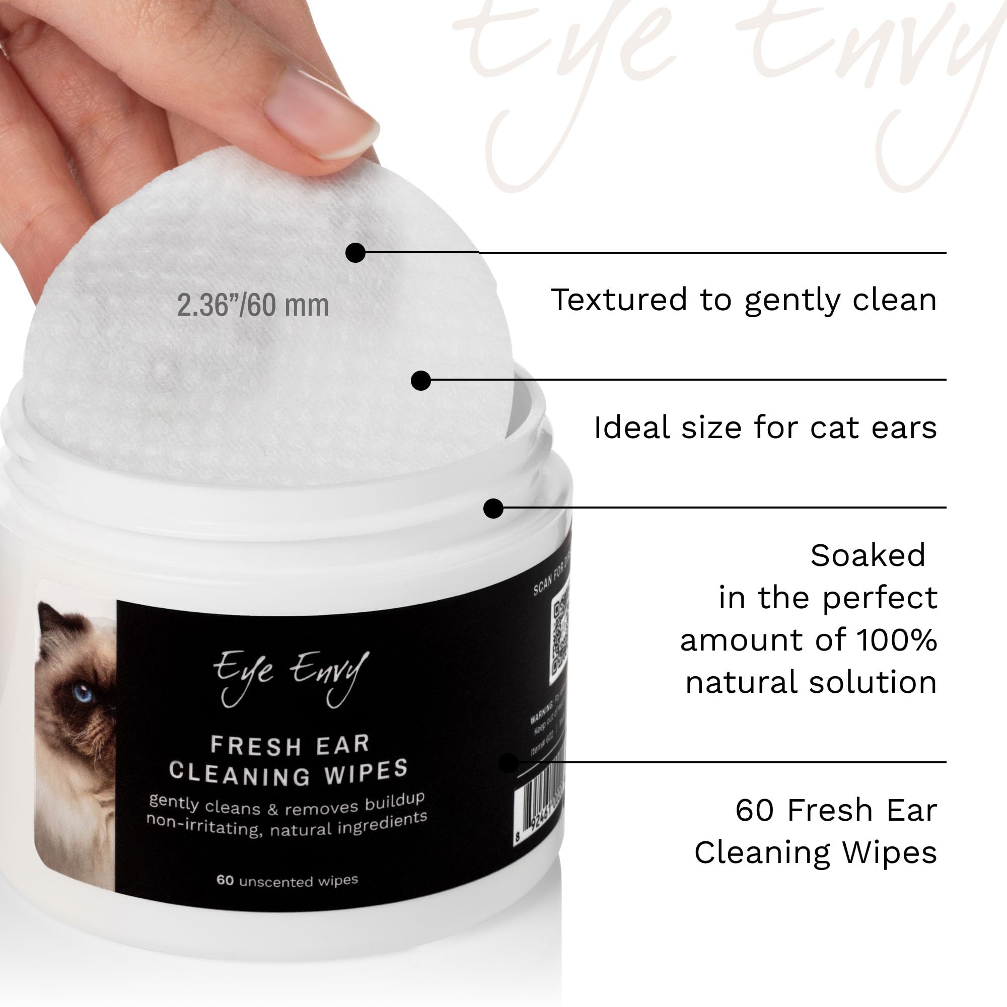 Eye Envy – Lingettes Nettoyantes pour Les Oreilles des Chats, Fabriquées aux États-Unis avec des Ingrédients Naturels, Non Parfumées, Sûres et Non Irritantes, Préviennent Les Infections, 60 Lingettes