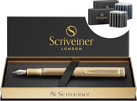 Scriveiner Luxury EDC Fountain Pen Medium, Stunning Heavy Bronze Pocket Pen, Hand Brushed Finish, Bundle with Fountain Pen Ink Cartridges - Black & Blue - 20 Standard International each box, Made i
