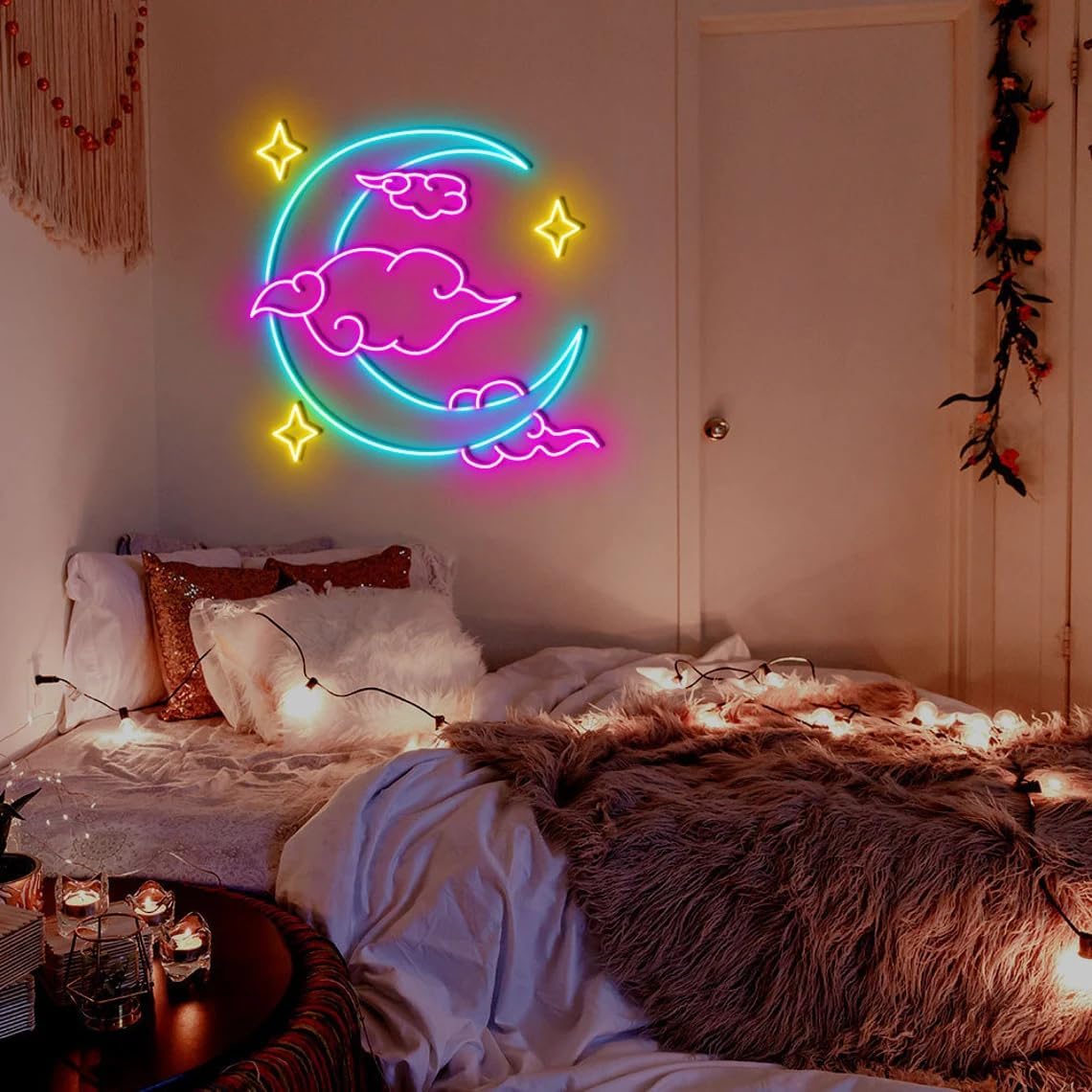 Moon Stars Neon Sign Wall Decor Moon Wall Art Neon Led Sign Cloudy Star Hanging Led Neon Light Bedroom Bar Party Decor Gifts