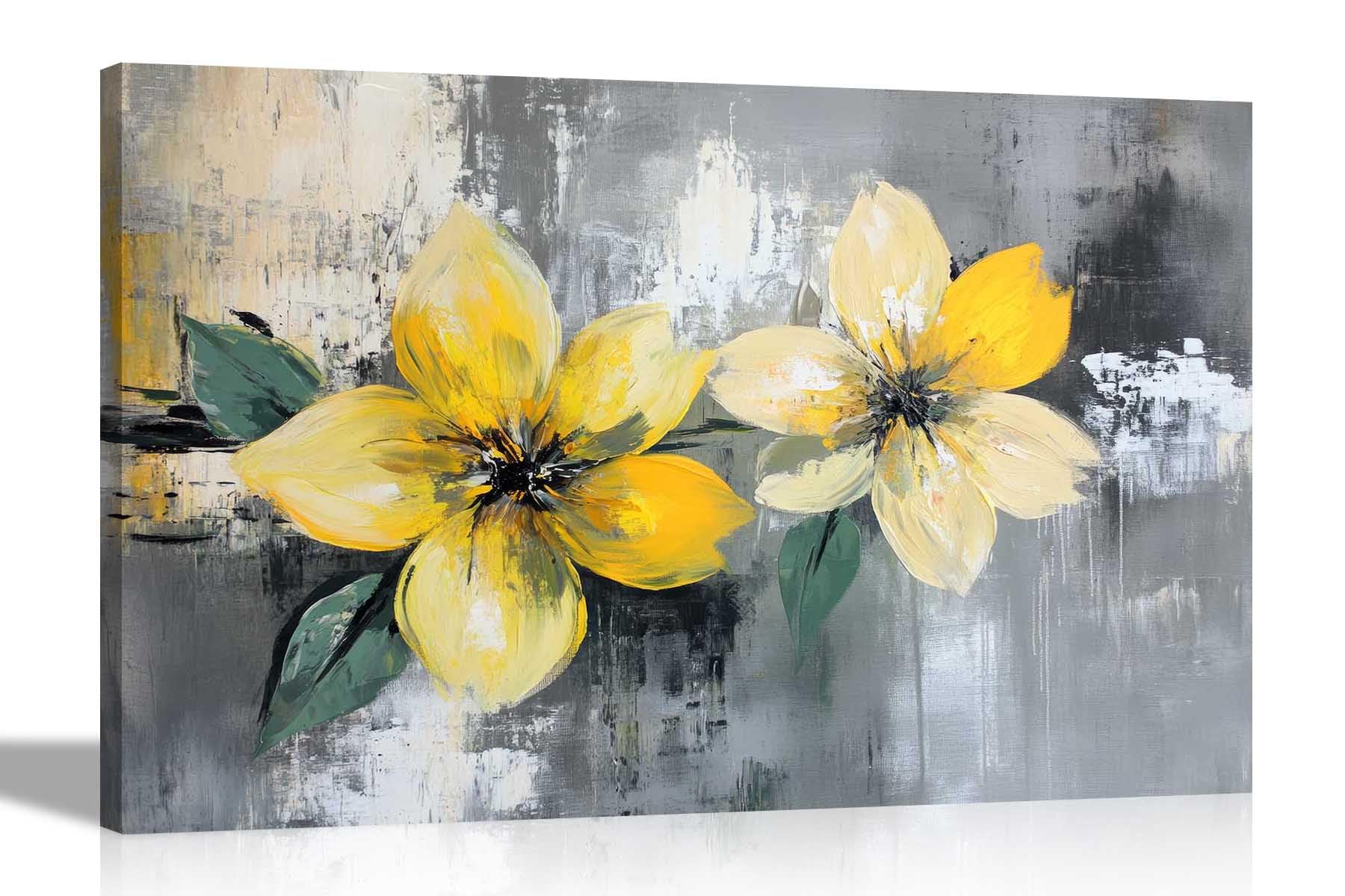 Artley Prints - Rustic Grey Yellow Flowers Canvas Wall Art Botanical Prints For Office Home Hallway Ready to Hang Decoration 76 x 50cm (30 x 20 inches)