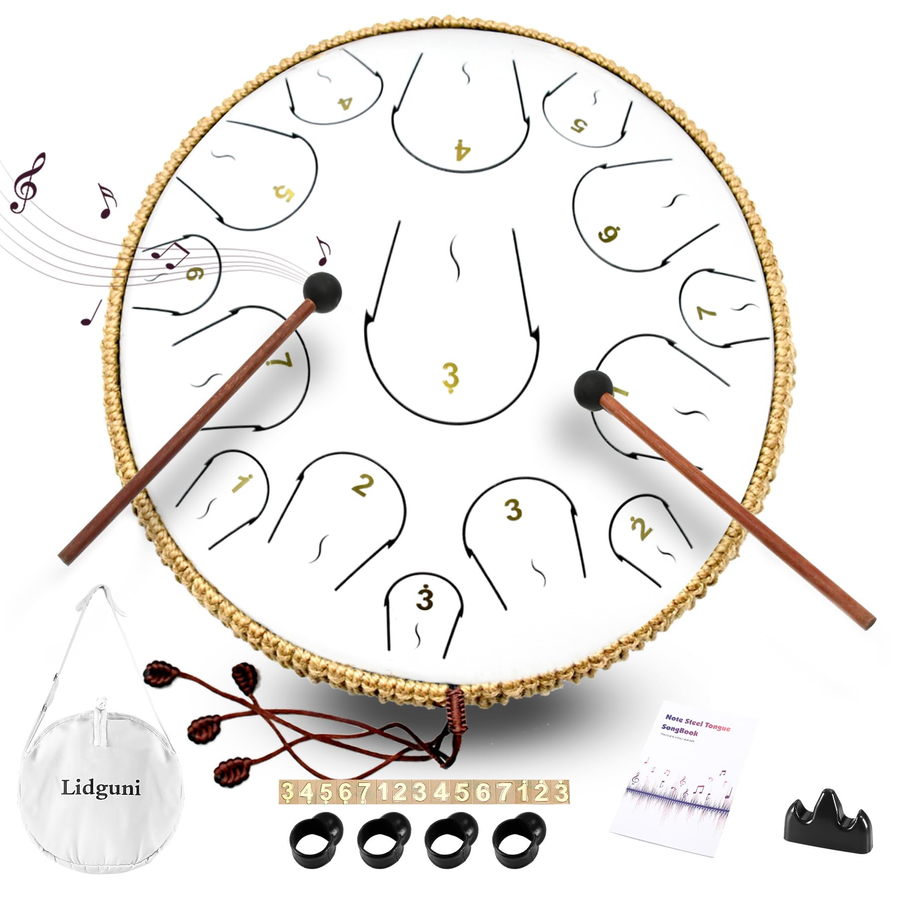 Lidguni Steel Tongue Drum, 14 Inch 15 Note Hand Pan Drum, Tongue Drum Instrument with Music Book, Steel Handpan Drum Mallets and Carry Bag, C Major, Handpan Drum for adults (White)