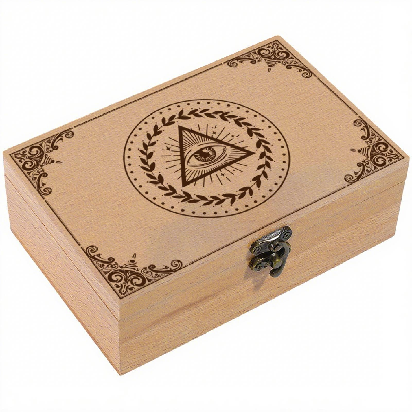 CREATCABIN Wood Tarot Box for Cards Crystal Wooden Tarot Storage Boxes with Lid Solid Witch Box Evil Eye Trinket Keepsake Boxes Decorative Storage Bin for Jewelry Celestial Home Decor 4.3x6.5x2.3Inch