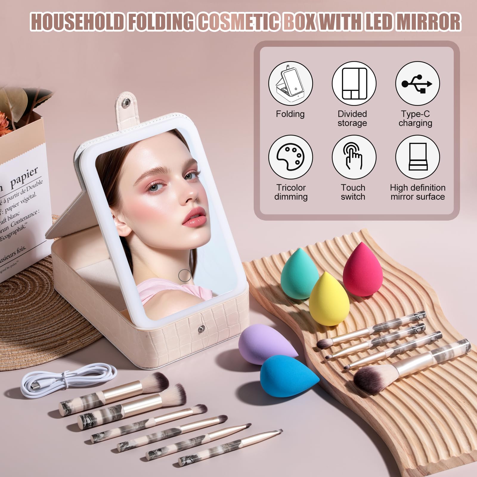 BS-MALL Lot de 15 pinceaux de maquillage de voyage - Miroir lumineux LED avec éponge de maquillage pour une routine de beauté améliorée