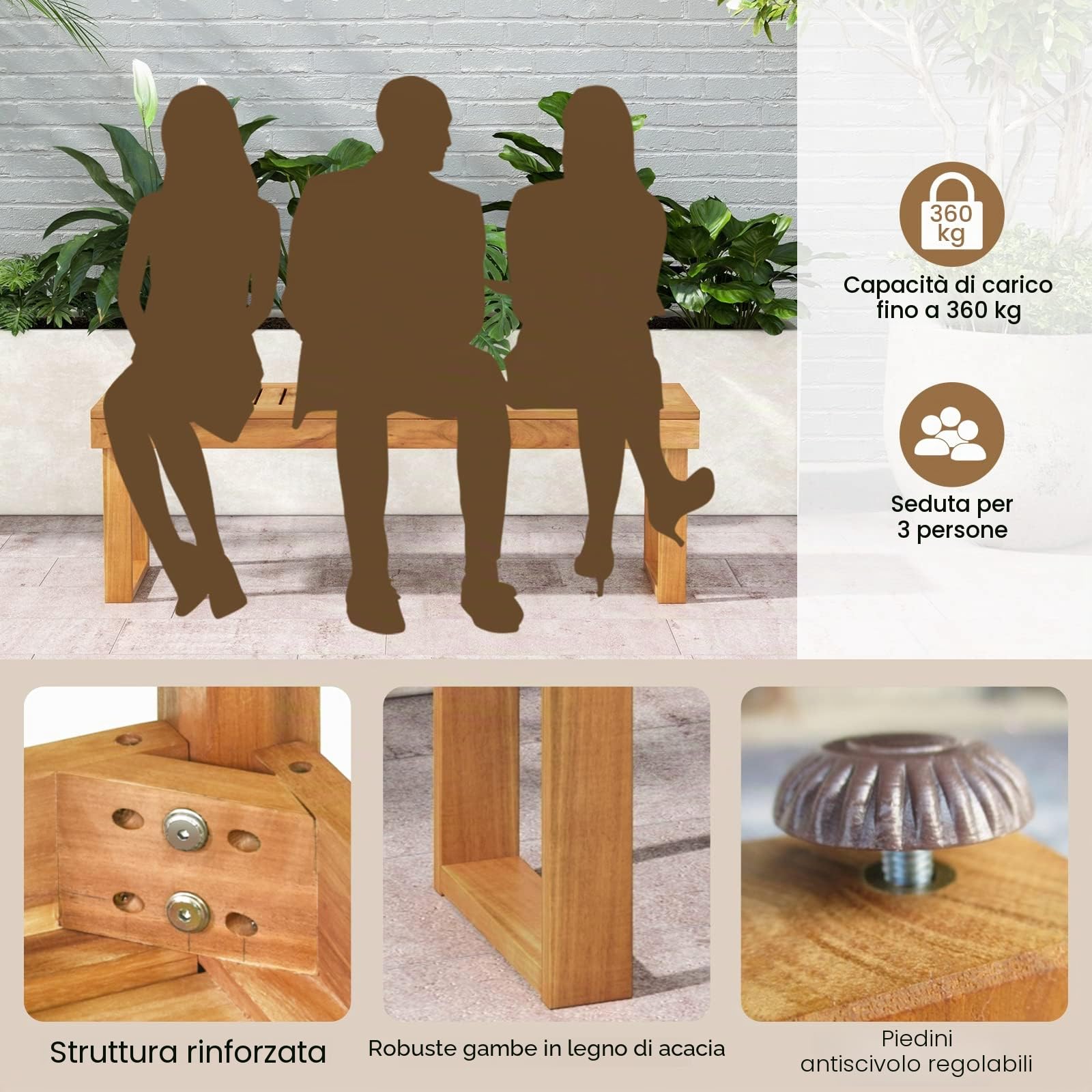 GIANTEX Panchina da Giardino a 3 Posti in Legno Massiccio | Panca Panchetta per Esterno e Interno, Portata Fino a 360 kg, per Giardino, Balcone e Sala da Pranzo