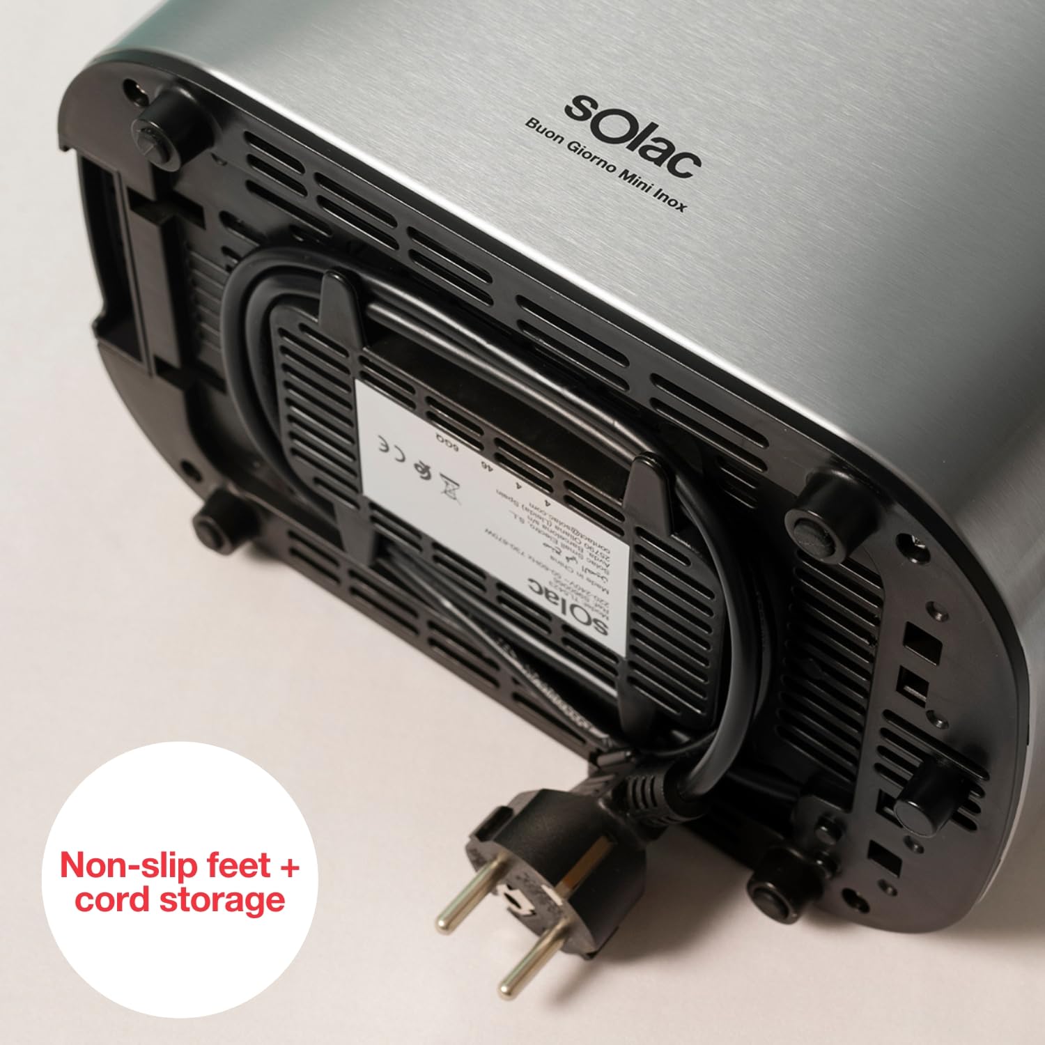 Solac Buon Giorno Mini Inox opiekacz 870 W | 13 x 11,5 x 3,4 cm Powierzchnia prażona | 6 poziomów | 3 funkcje | 2 plastry | samocentrujące | światło LED | zbieranie okruchów | szary
