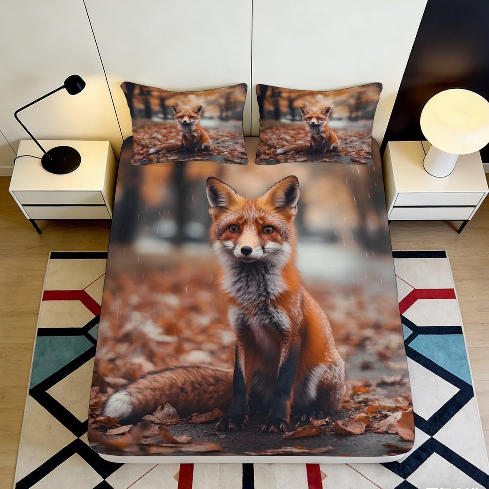 3D Printed Autumn Fox Fitted Sheet Microfiber Soft Orange Forest Mattress Cover Bedroom Dorm Mattress Decor 90x200x25cm
