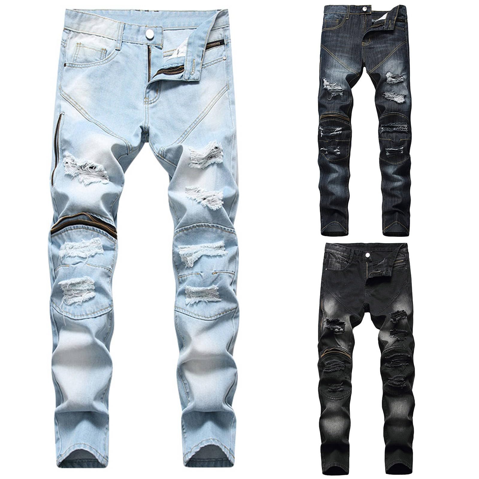 Jeans da uomo slim fit, denim destroyed, elasticizzati, con tasche