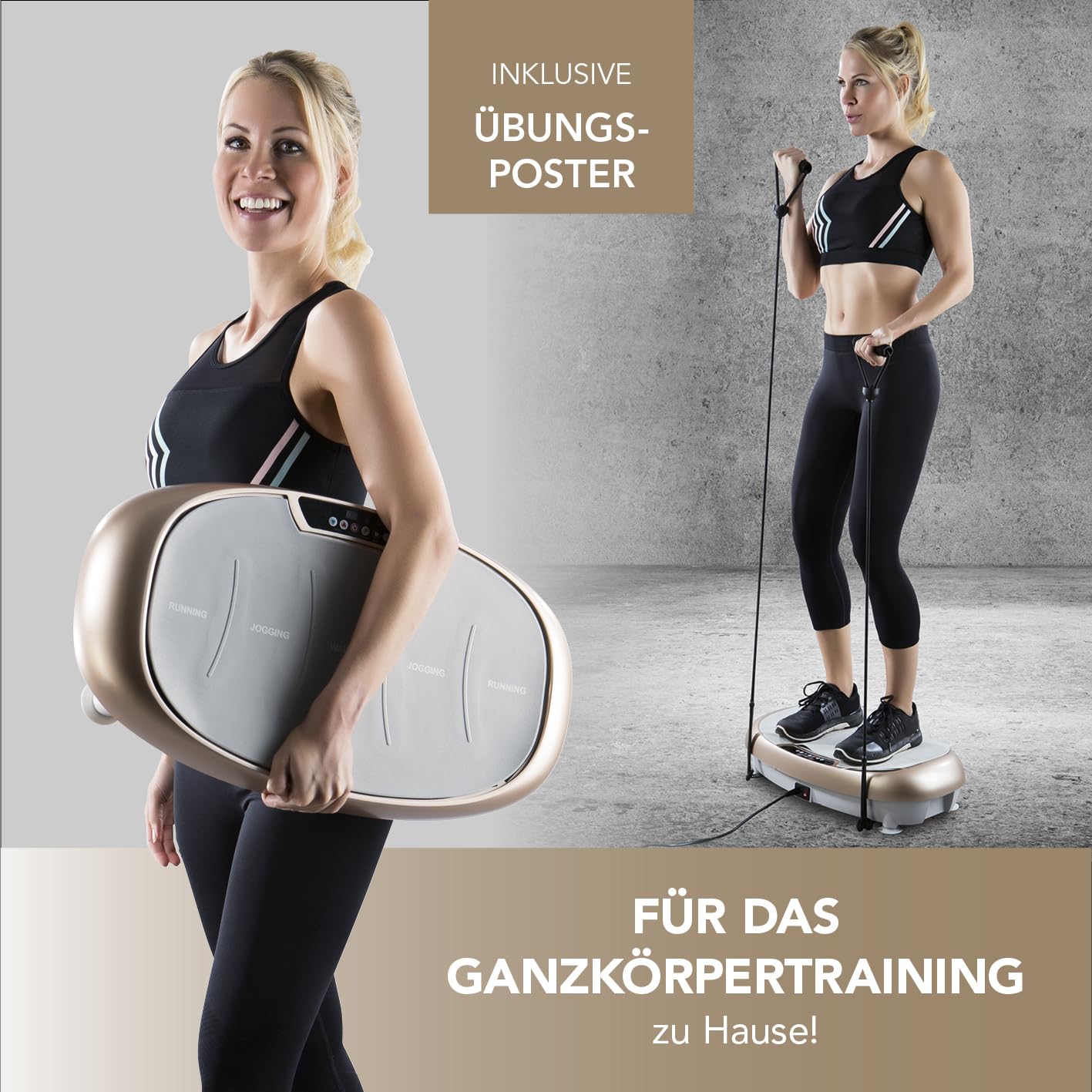 VITALmaxx Vibrationstrainer mit 30 Vibrationsstufen und 3 Programmen und LCD-Display | Ganzkörpertraining zu Hause, inklusive Expanderbänder und Fernbedienung [Champagner]