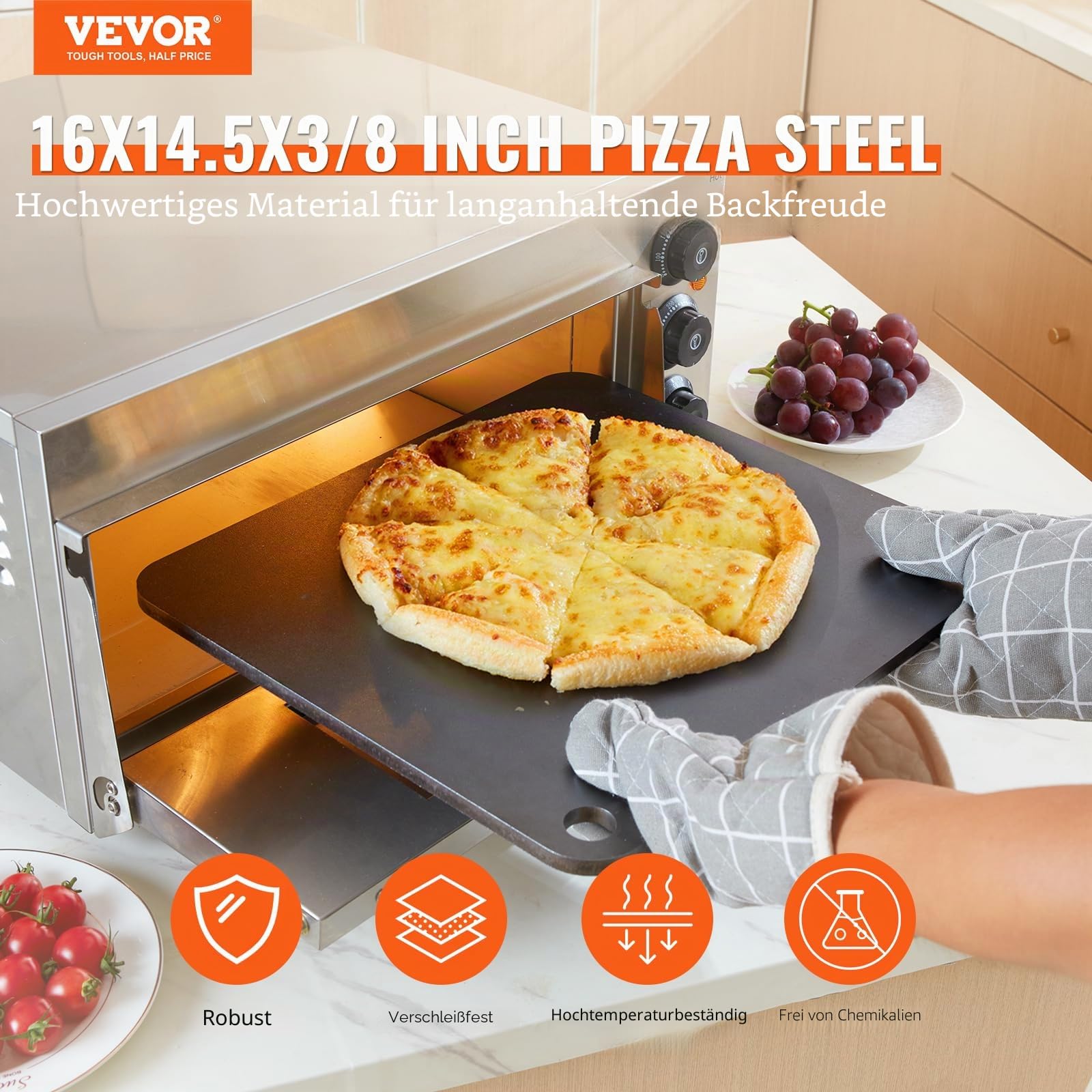 VEVOR Pizzastein Pizzastahl 406 x 368 x 10 mm, Pizzastahlplatte für den Ofen, Vorgewürzter Pizza-Backstein aus Q235-Kohlenstoffstahl mit Höherer Leitfähigkeit für Restaurants, Cafés, Straßenläden