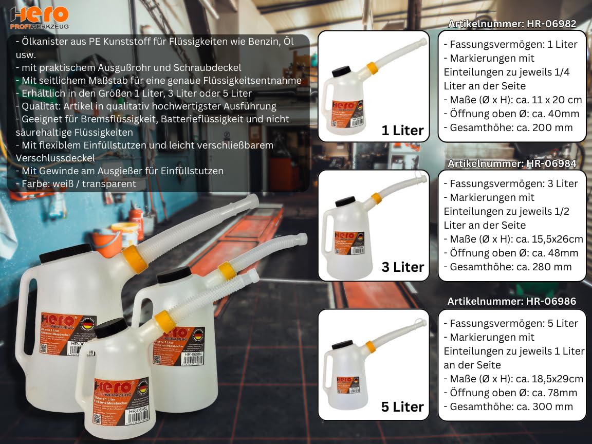 HERO Ölkannen Füllkanne Messkanne SET 1L + 3L + 5L Messbecher mit flexiblem Ausgussstutzen und Deckel Wasser Kanne Auto Ölwechsel Kfz