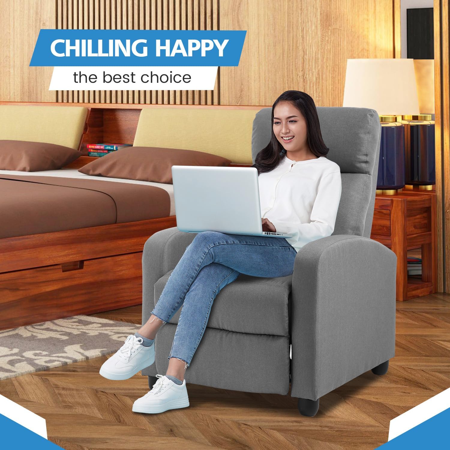 Recliner Chair for Adults, Living Room Chairs, Reading Chair with Fabric Padded Seat Backrest, Modern Reclining Easy Lounge, Bedroom Chair, Recliner Chair for Bedroom (Grey)