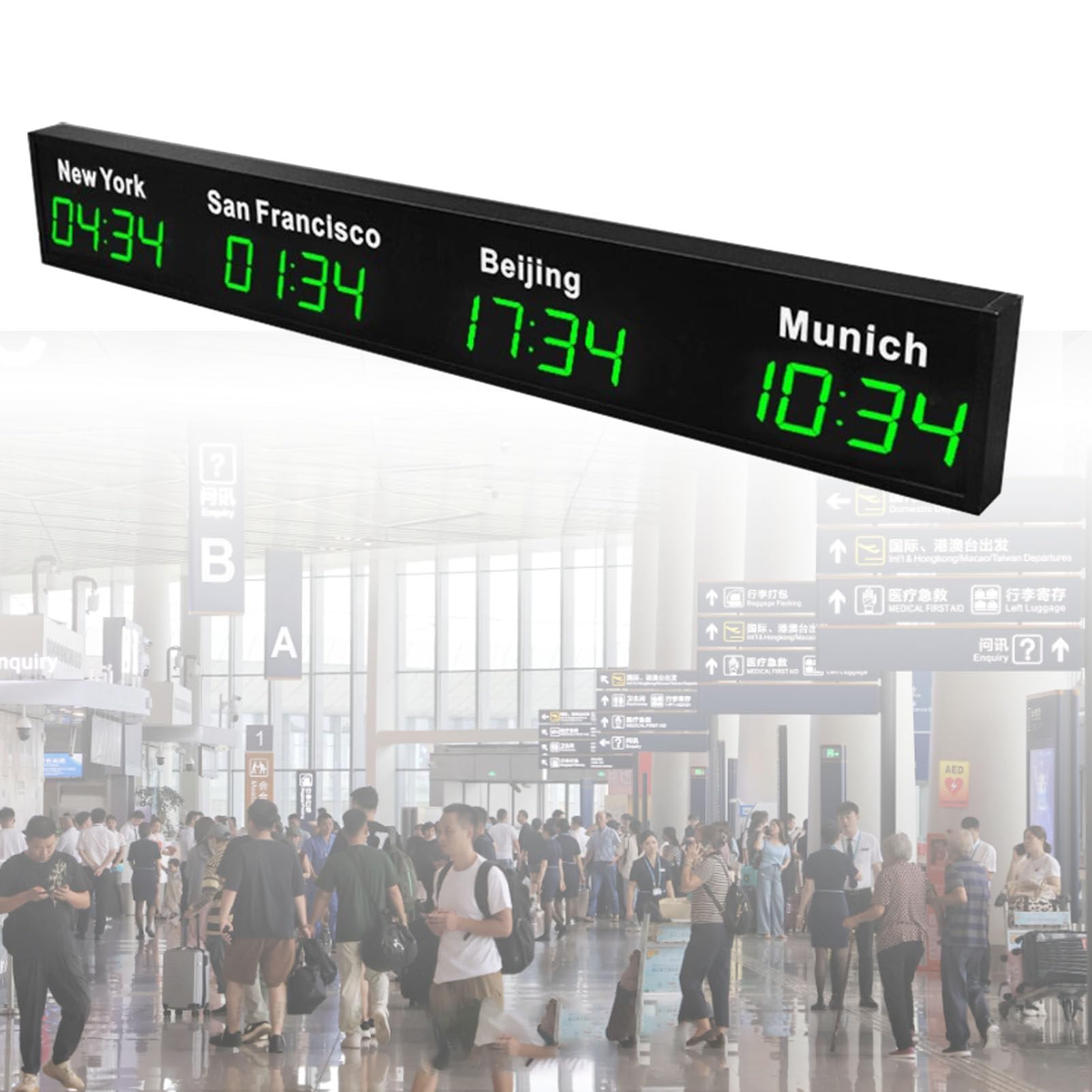KUNYOS World Time Zones Clock, LED Digital Multiple 3/4/5 Cities Wall for Hotels/Enterprises/Airports/Multinational Enterprises Blue-3City (4city Green)