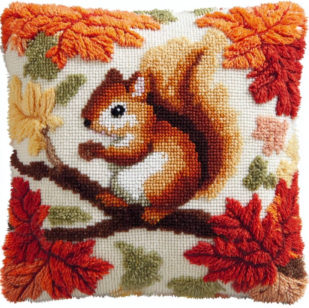 Henypt Latch Hook Cushion Kits for Adults 43x43cm,Maple Leaves and Squirrels Creative Latch Hook Pillow Case Kit for Christmas Home Sofa Decoration