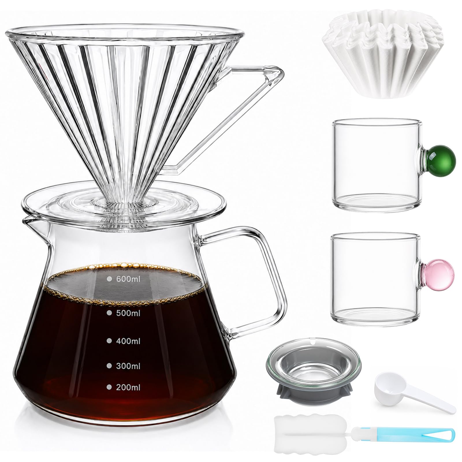 Cafetera de café con jarra de vidrio de borosilicato de 600 ml y tapa de vidrio, 50 filtros de papel, cuchara, taza de café, para amantes del cafe manual, cafetera 2-4 tazas