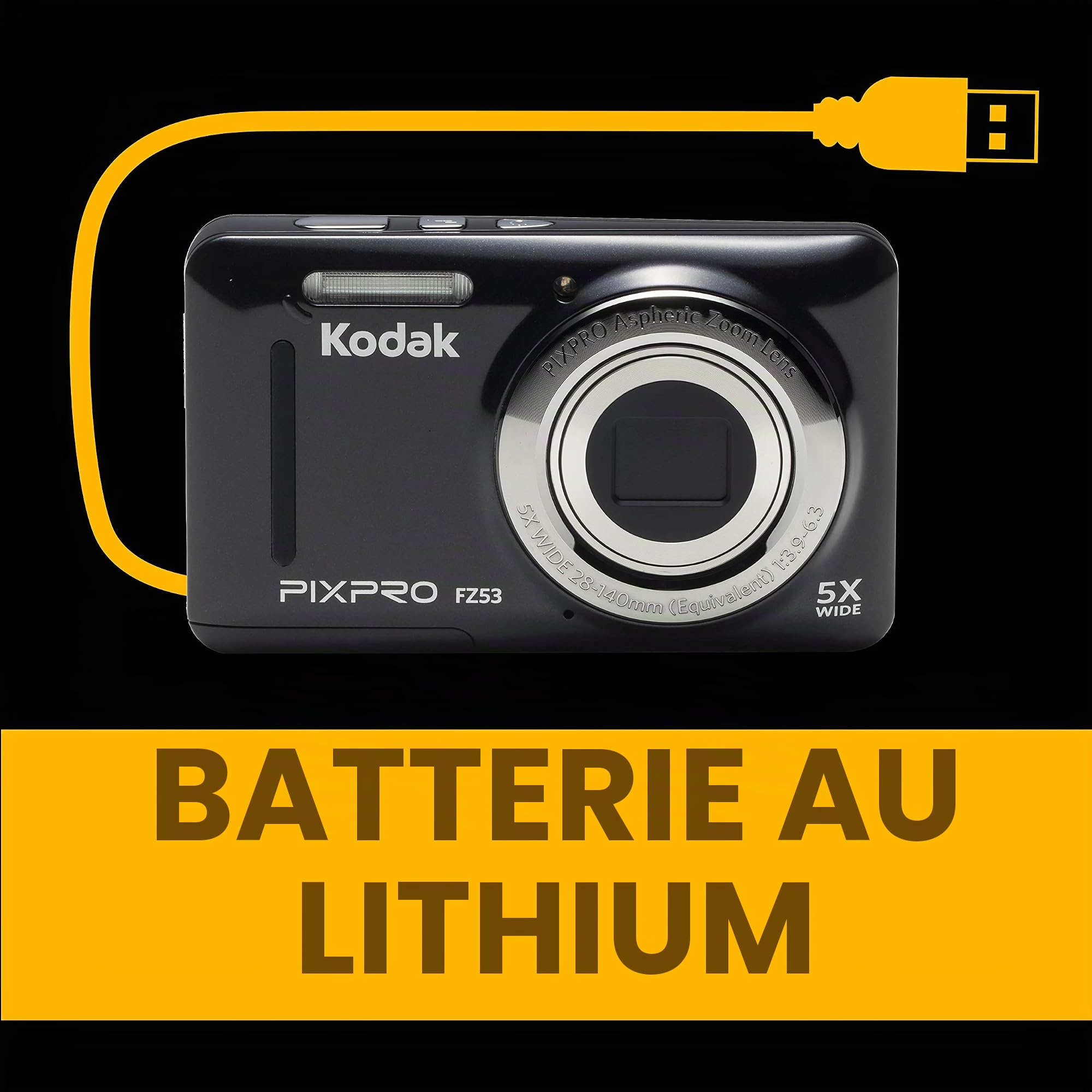Kodak Pixpro - FZ53 - Appareil Photo Numérique Compact, Zoom Optique 5X,16 Mégapixels, Ecran LCD 2,7, Video HD 720p, Stabilisateur Optique, Flash intégré, Batterie Li-ION Rechargeable - Noir