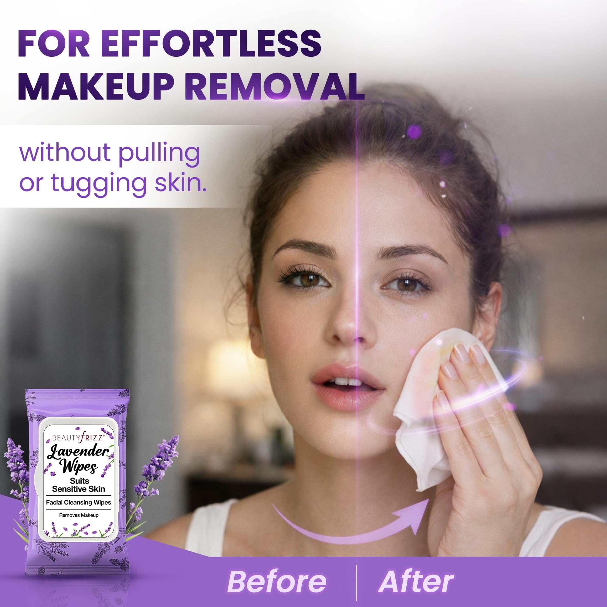BeautyFrizz Toallitas faciales de lavanda, 240 unidades, toallitas desmaquillantes suaves para mujeres, toallita de limpieza facial con aloe, ricino, vitamina A y E, extrasuaves, hidratantes