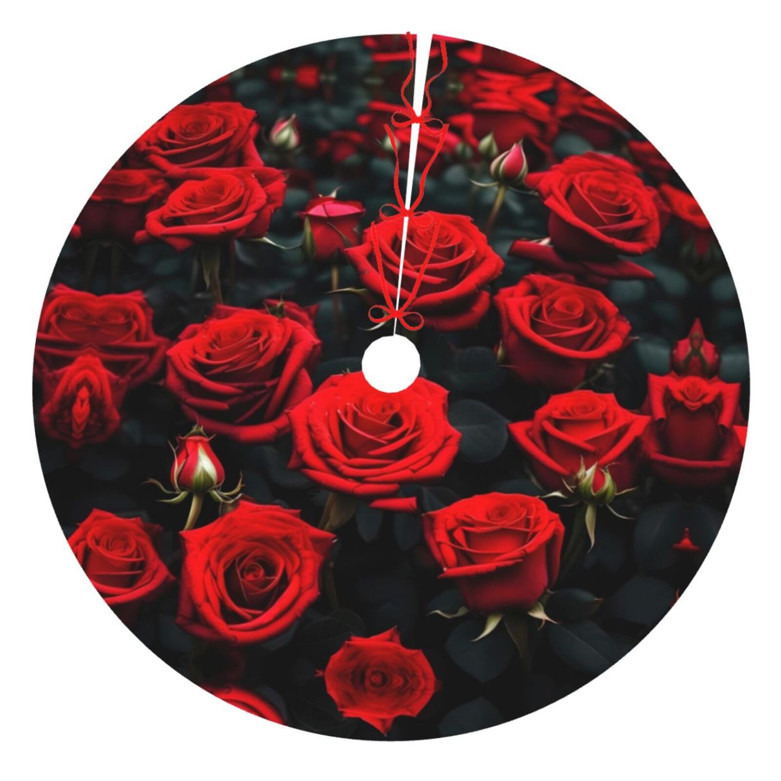 Jupe d'arbre de fête aux roses rouges, un tapis de sapin de Noël aux finitions soignées