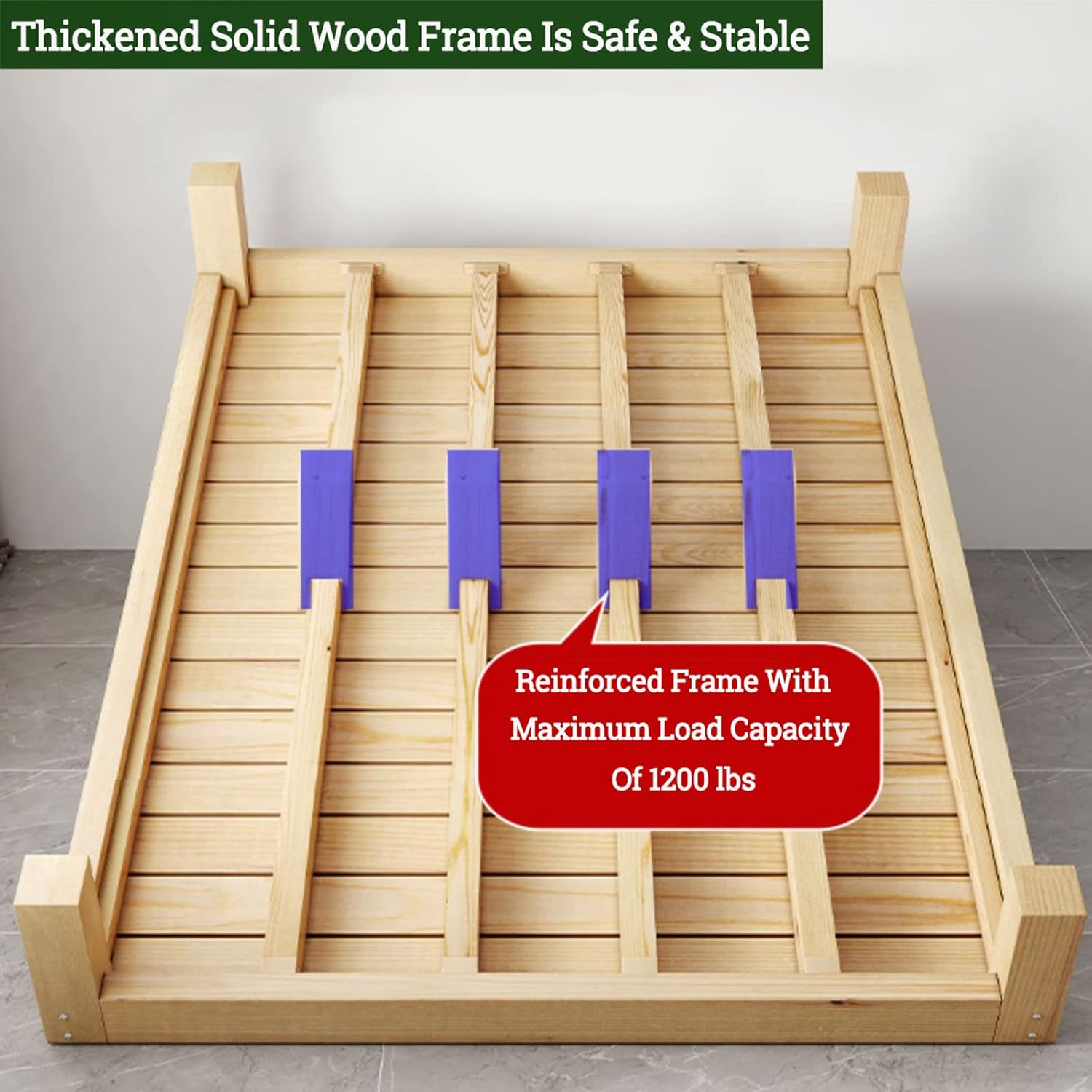 Solid Wood Platform Bed Frame with Storage Drawers-12”Japanese Style Wooden Slats Floor Bed(59" W x 81" L x 12" H, Queen)