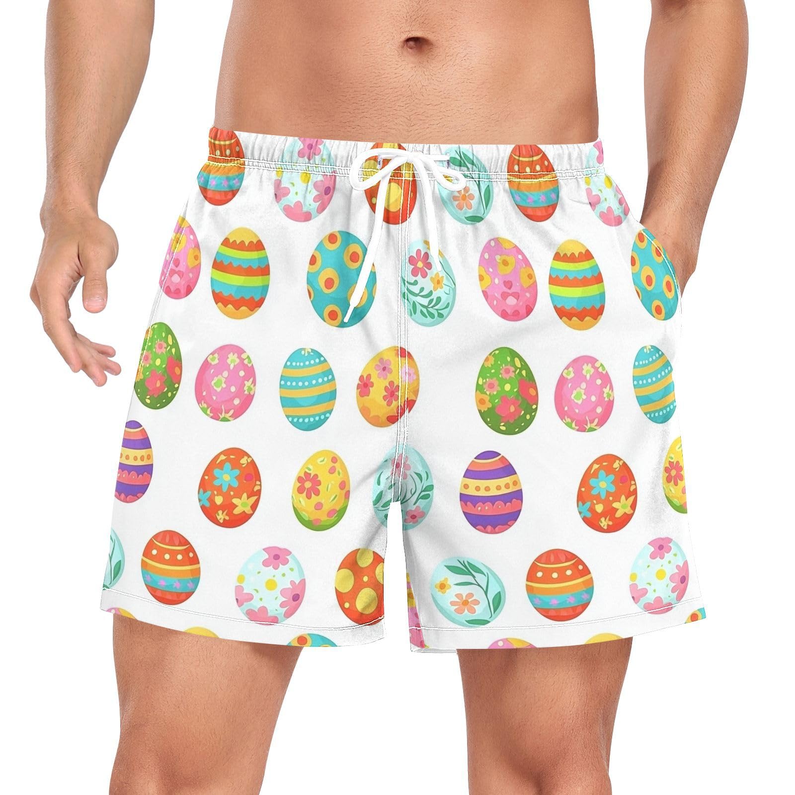 JUNZAN Easter Mens Short Swim Trunks Mens 2 in 1 Workout Shorts with Compression Liner and Pockets Yoga Shorts Lightweight White