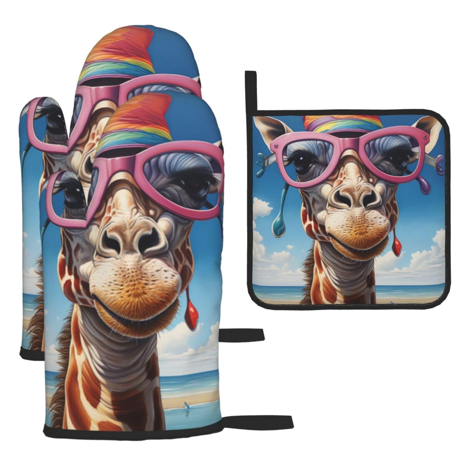 The Giraffe in the Hat Oven mittens and oven mitts three-piece set suitable for oven, grilling, baking, microwave and home cooking.