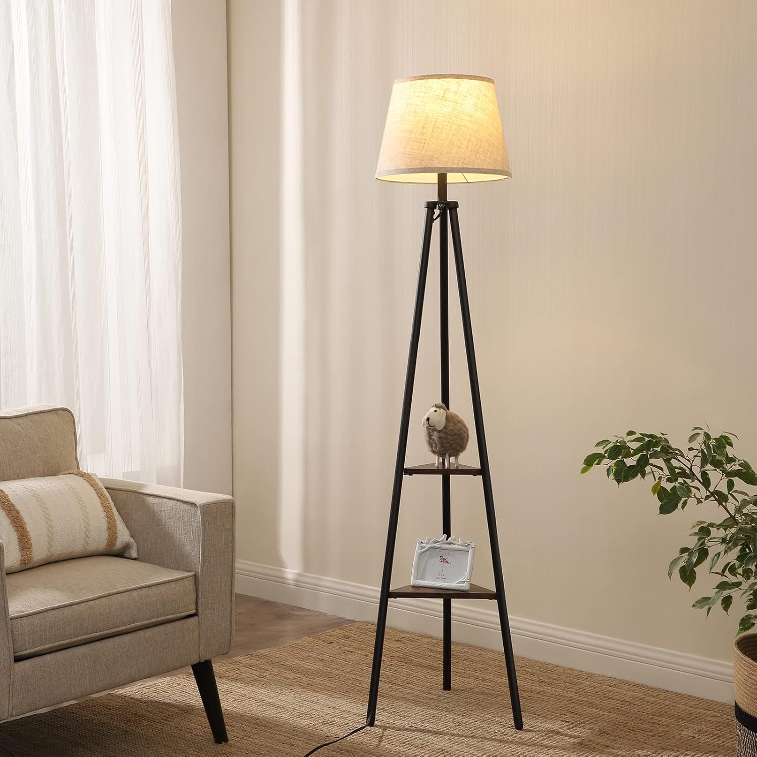 Exсluѕіvе Dіѕсоunt 80% оƒƒеr DEWENWILS Floor Lamp with Shelves, Industrial Farmhouse Tripod Standing Reading Lamp, Organizer Storage Shelf Floor Lamp for Living Room, Bedroom, Office, Fabric Linen Shade